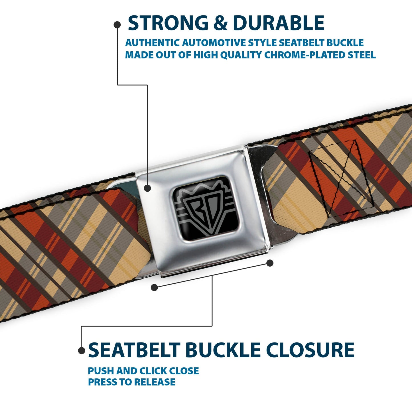 BD Wings Logo CLOSE-UP Full Color Black Silver Seatbelt Belt - Americana Plaid X Webbing