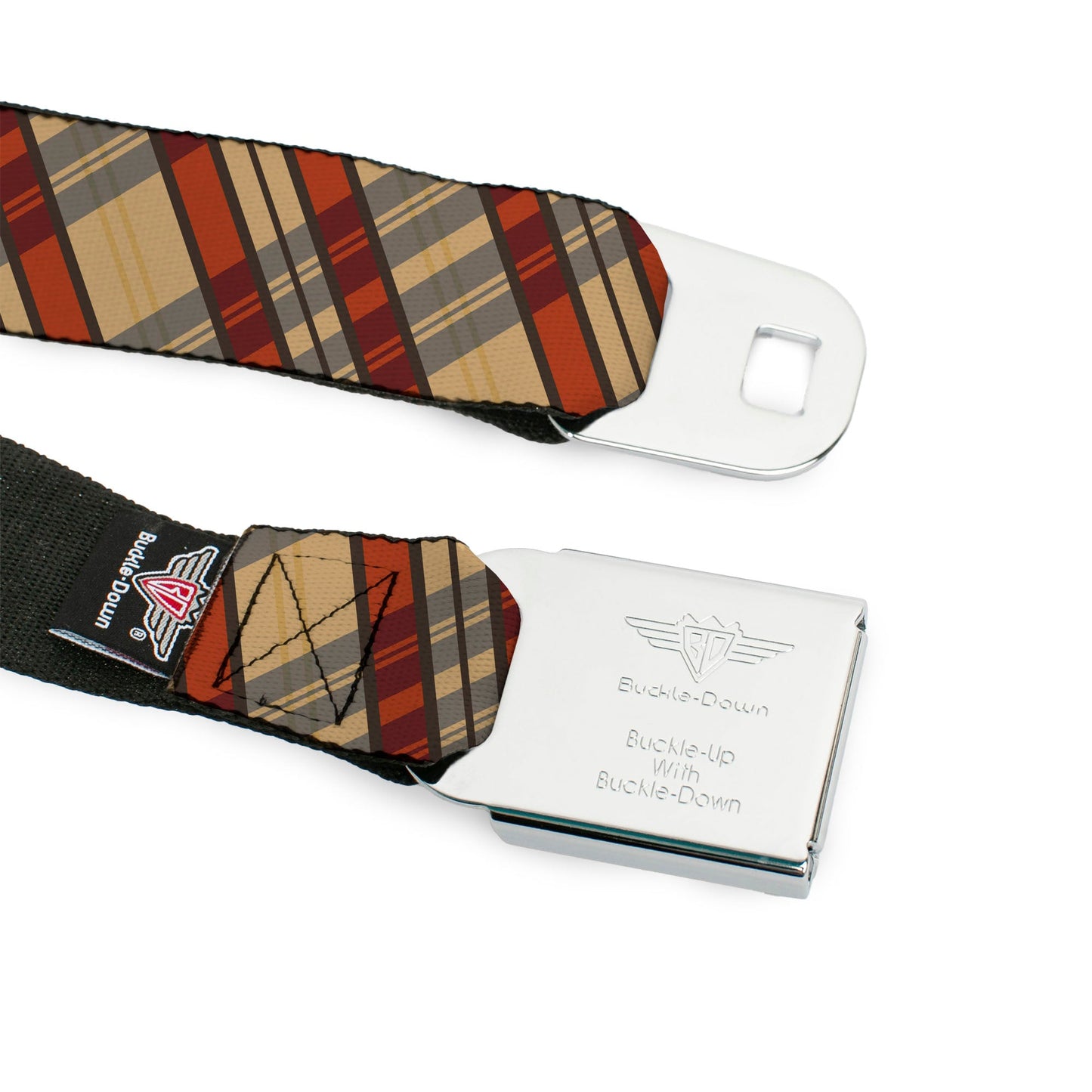 BD Wings Logo CLOSE-UP Full Color Black Silver Seatbelt Belt - Americana Plaid X Webbing