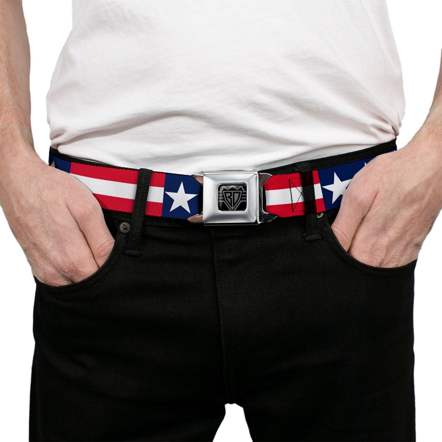BD Wings Logo CLOSE-UP Full Color Black Silver Seatbelt Belt - Americana Stars & Stripes Webbing