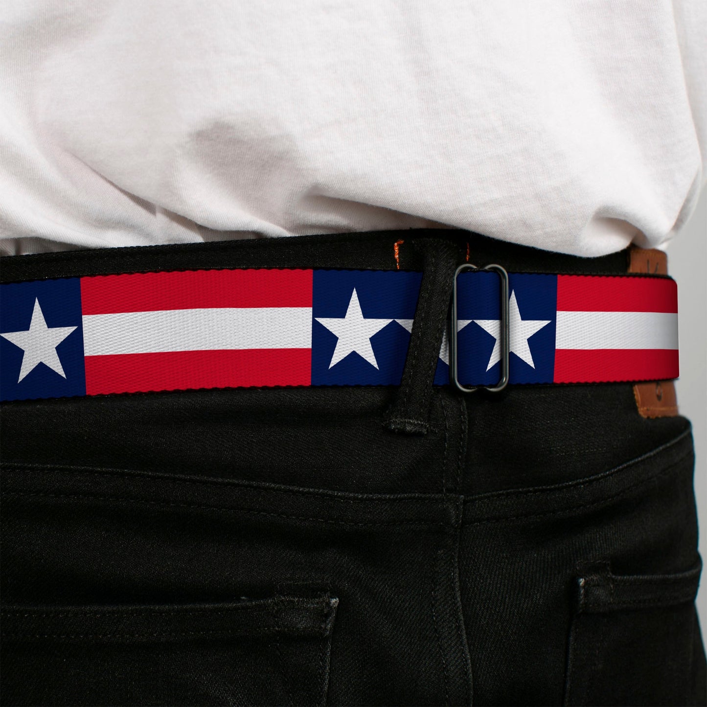 BD Wings Logo CLOSE-UP Full Color Black Silver Seatbelt Belt - Americana Stars & Stripes Webbing