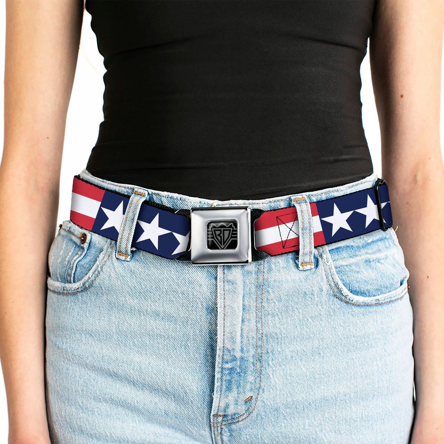 BD Wings Logo CLOSE-UP Full Color Black Silver Seatbelt Belt - Americana Stars & Stripes Webbing