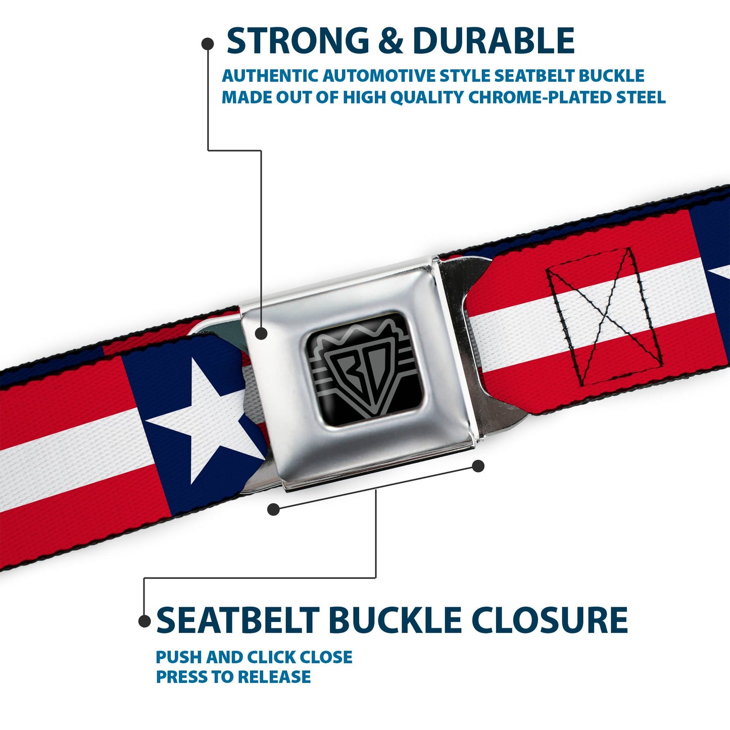 BD Wings Logo CLOSE-UP Full Color Black Silver Seatbelt Belt - Americana Stars & Stripes Webbing