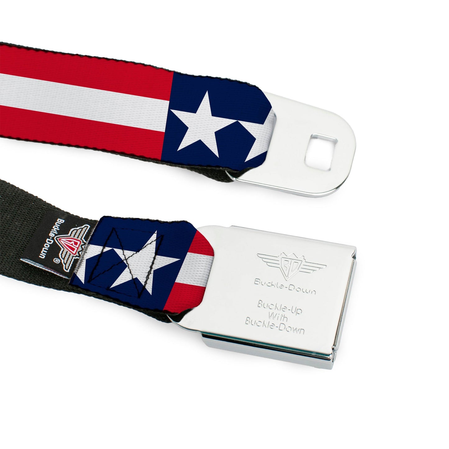 BD Wings Logo CLOSE-UP Full Color Black Silver Seatbelt Belt - Americana Stars & Stripes Webbing