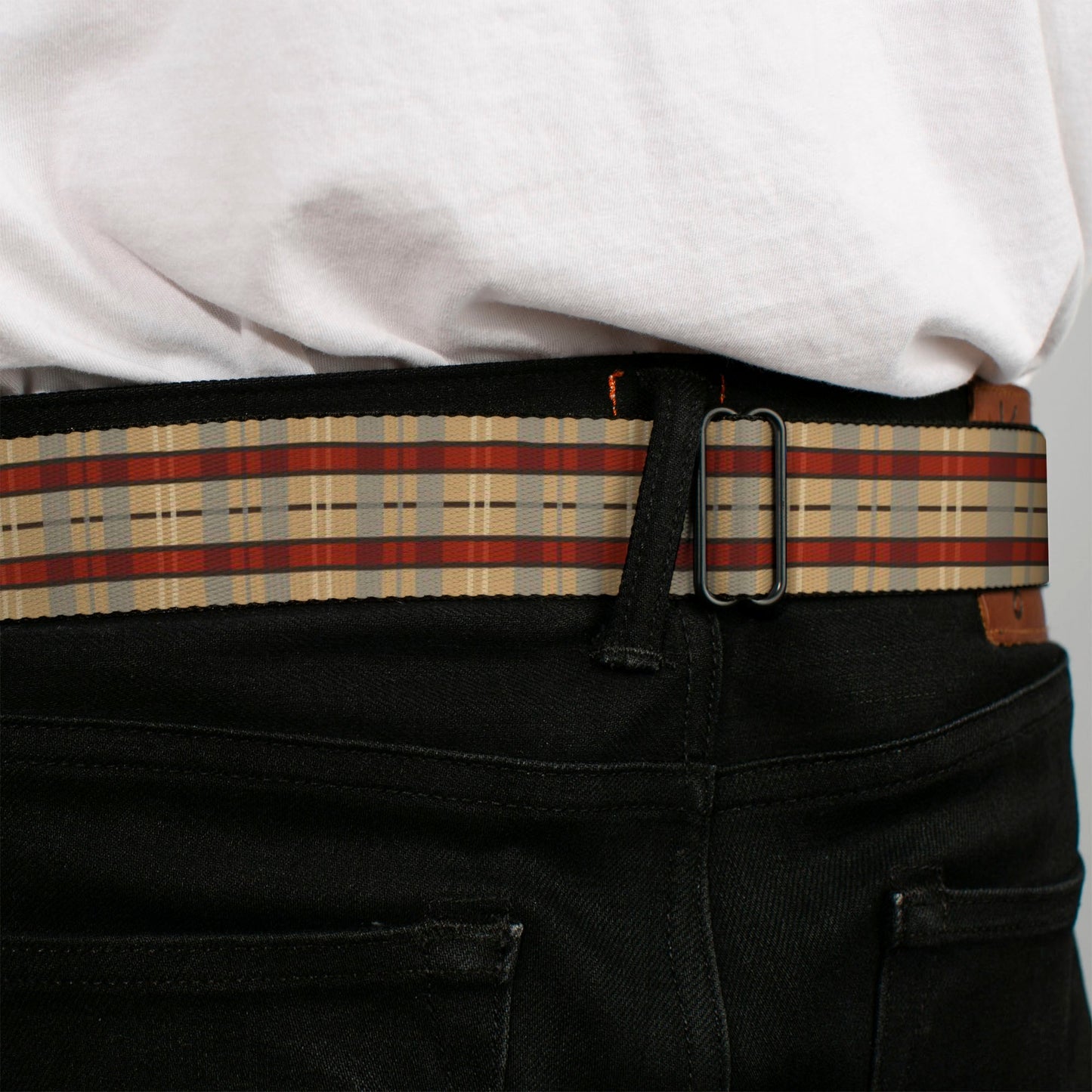 BD Wings Logo CLOSE-UP Full Color Black Silver Seatbelt Belt - Americana Plaid Webbing