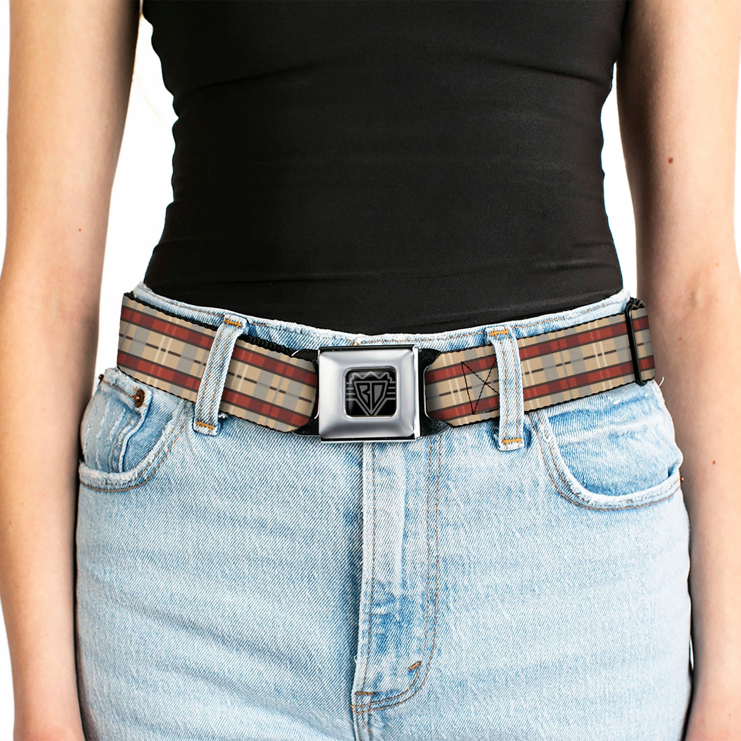 BD Wings Logo CLOSE-UP Full Color Black Silver Seatbelt Belt - Americana Plaid Webbing