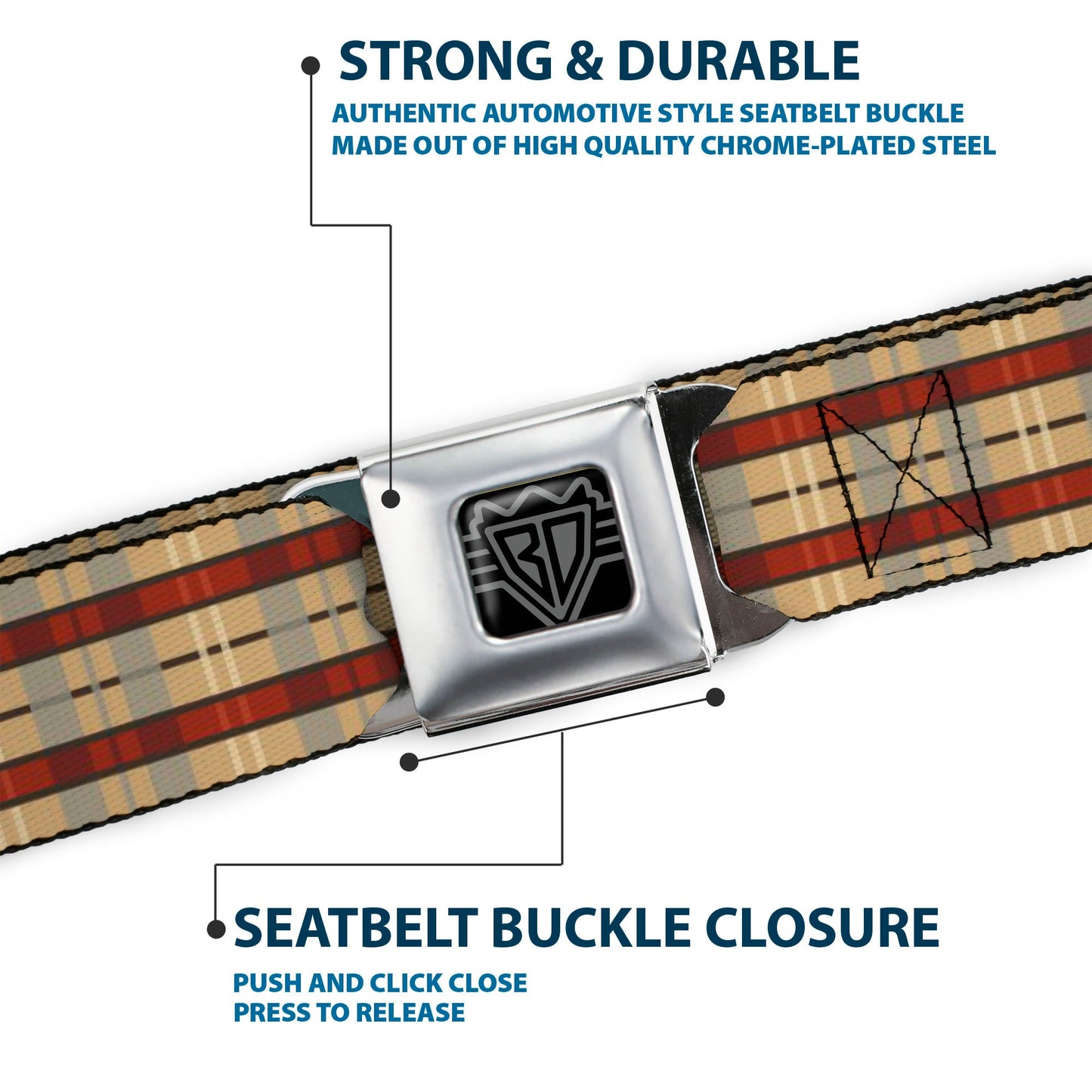 BD Wings Logo CLOSE-UP Full Color Black Silver Seatbelt Belt - Americana Plaid Webbing