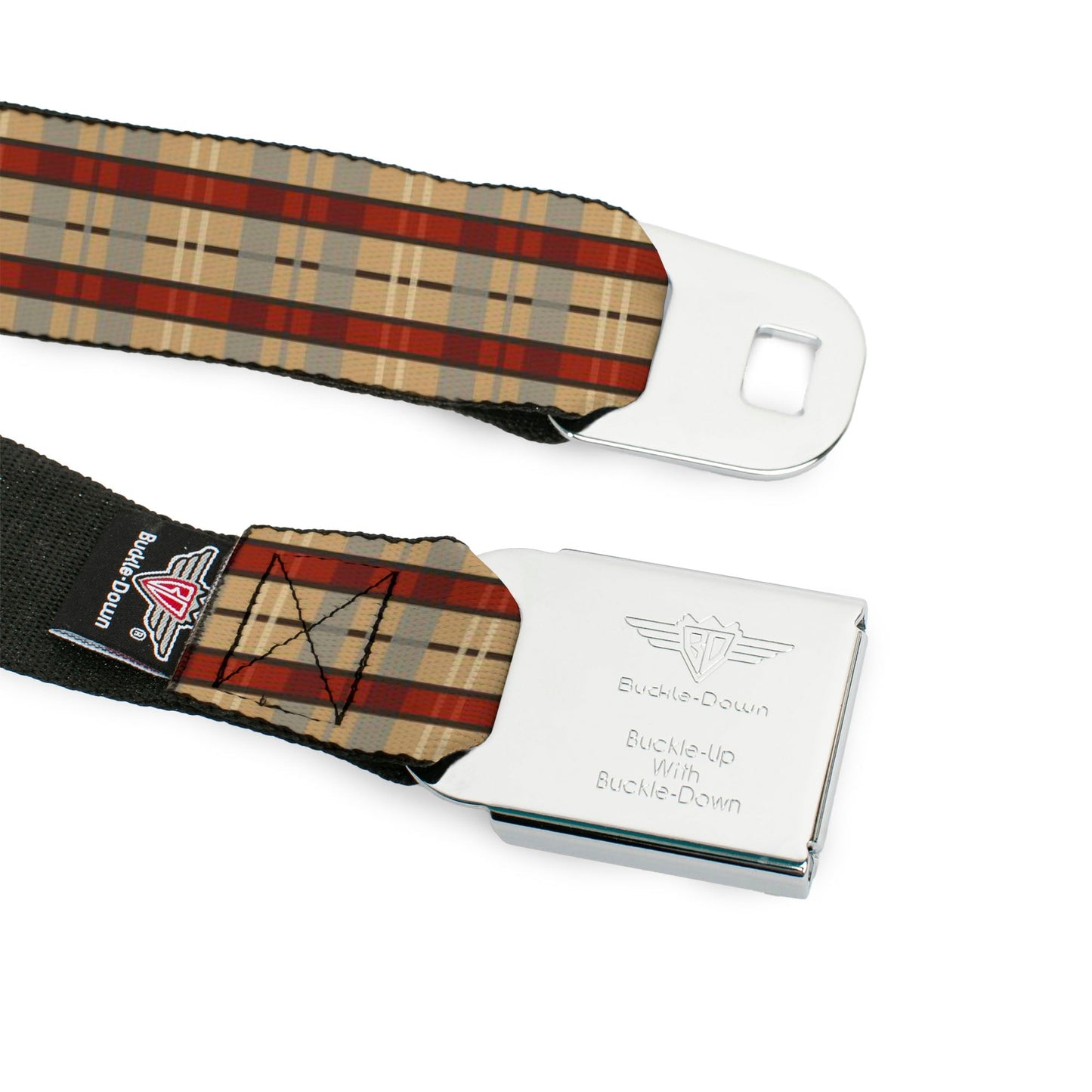 BD Wings Logo CLOSE-UP Full Color Black Silver Seatbelt Belt - Americana Plaid Webbing