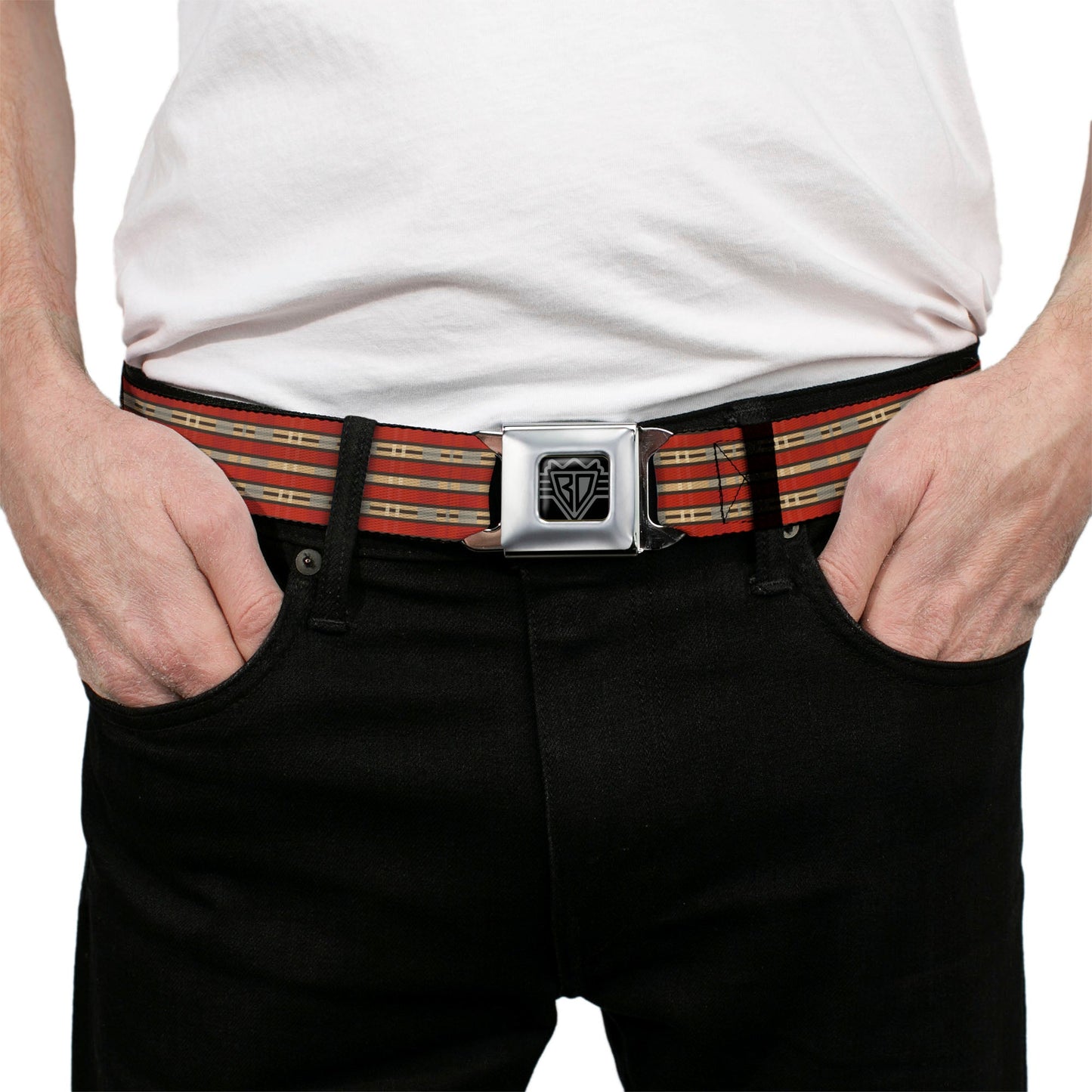 BD Wings Logo CLOSE-UP Full Color Black Silver Seatbelt Belt - Americana Plaid2 Webbing