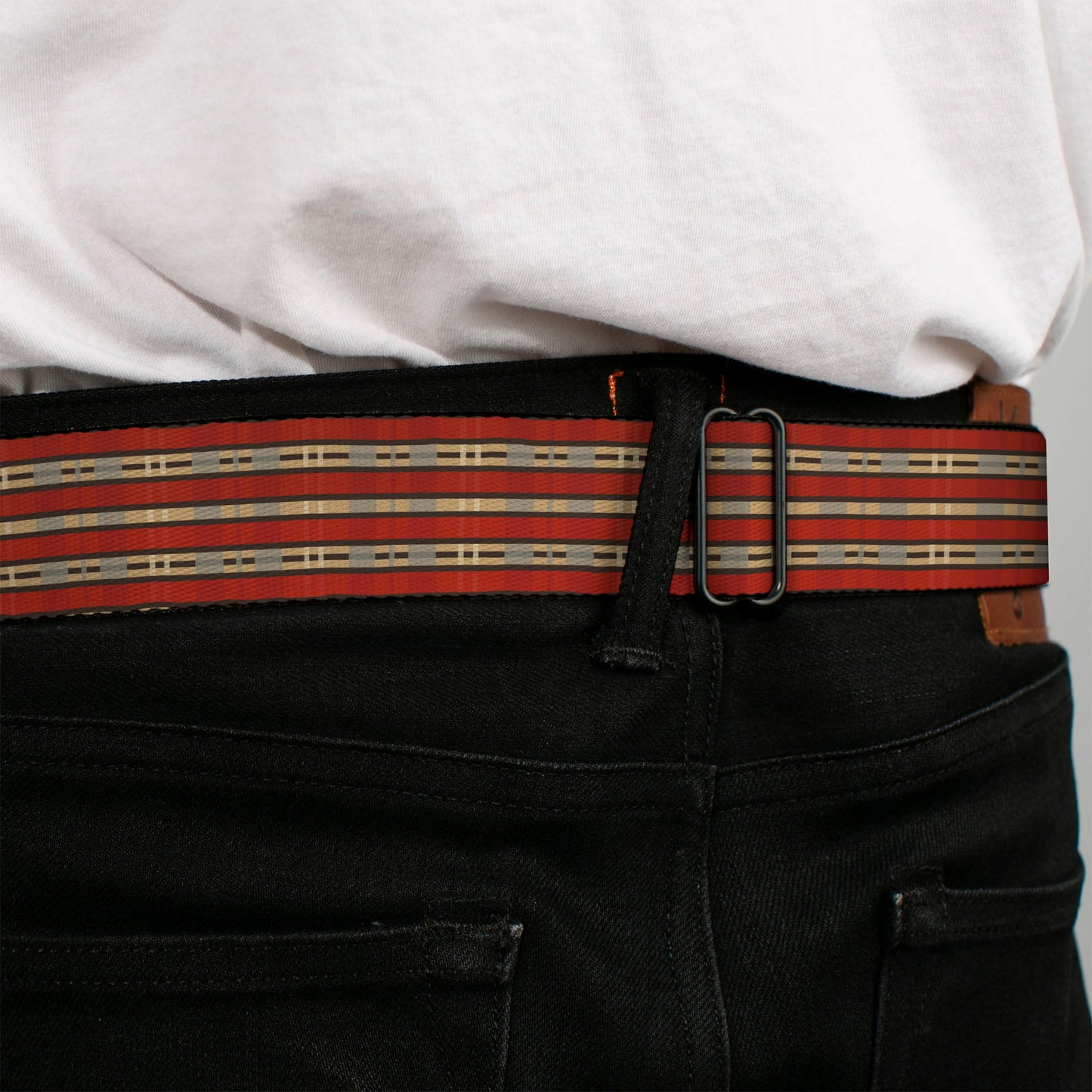BD Wings Logo CLOSE-UP Full Color Black Silver Seatbelt Belt - Americana Plaid2 Webbing