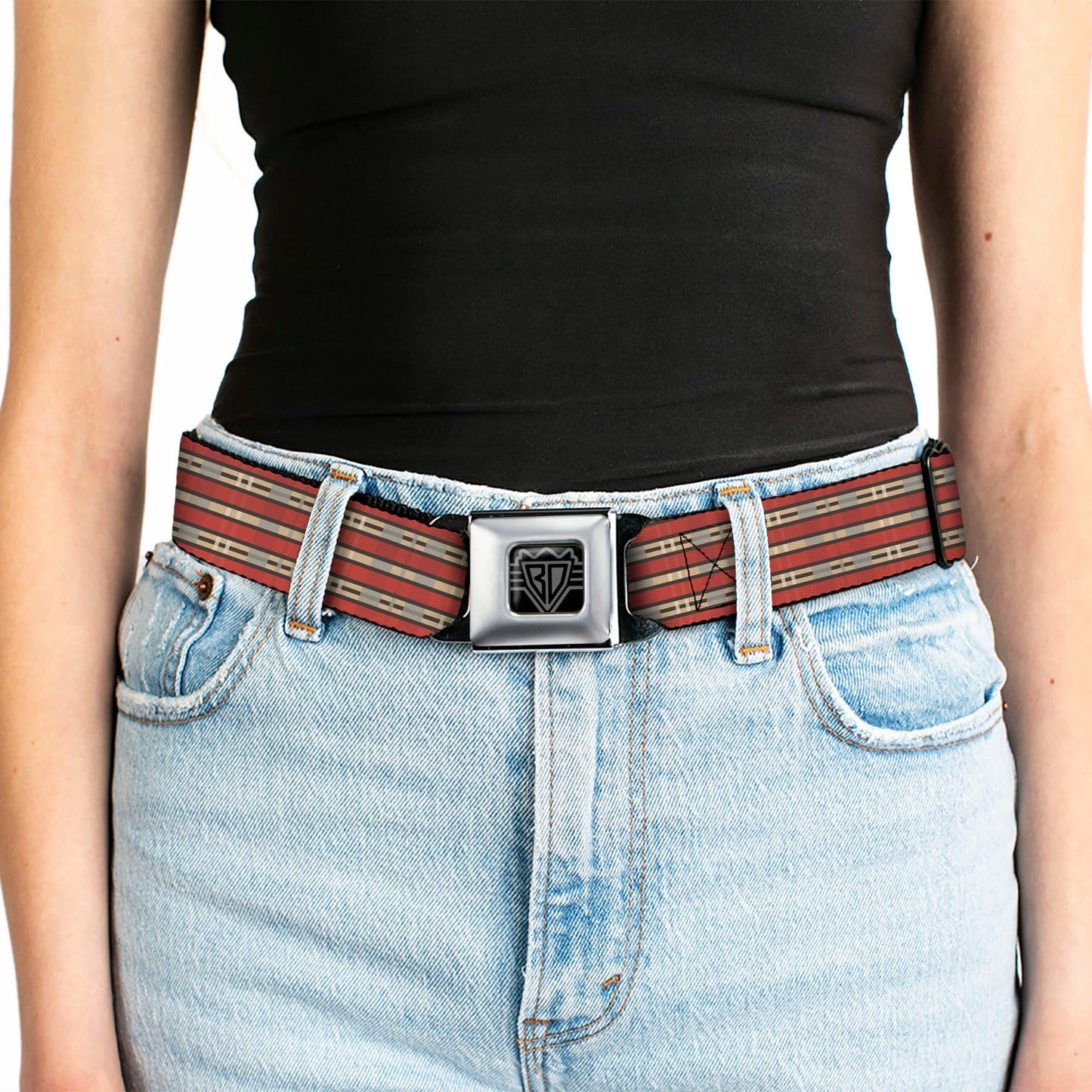 BD Wings Logo CLOSE-UP Full Color Black Silver Seatbelt Belt - Americana Plaid2 Webbing