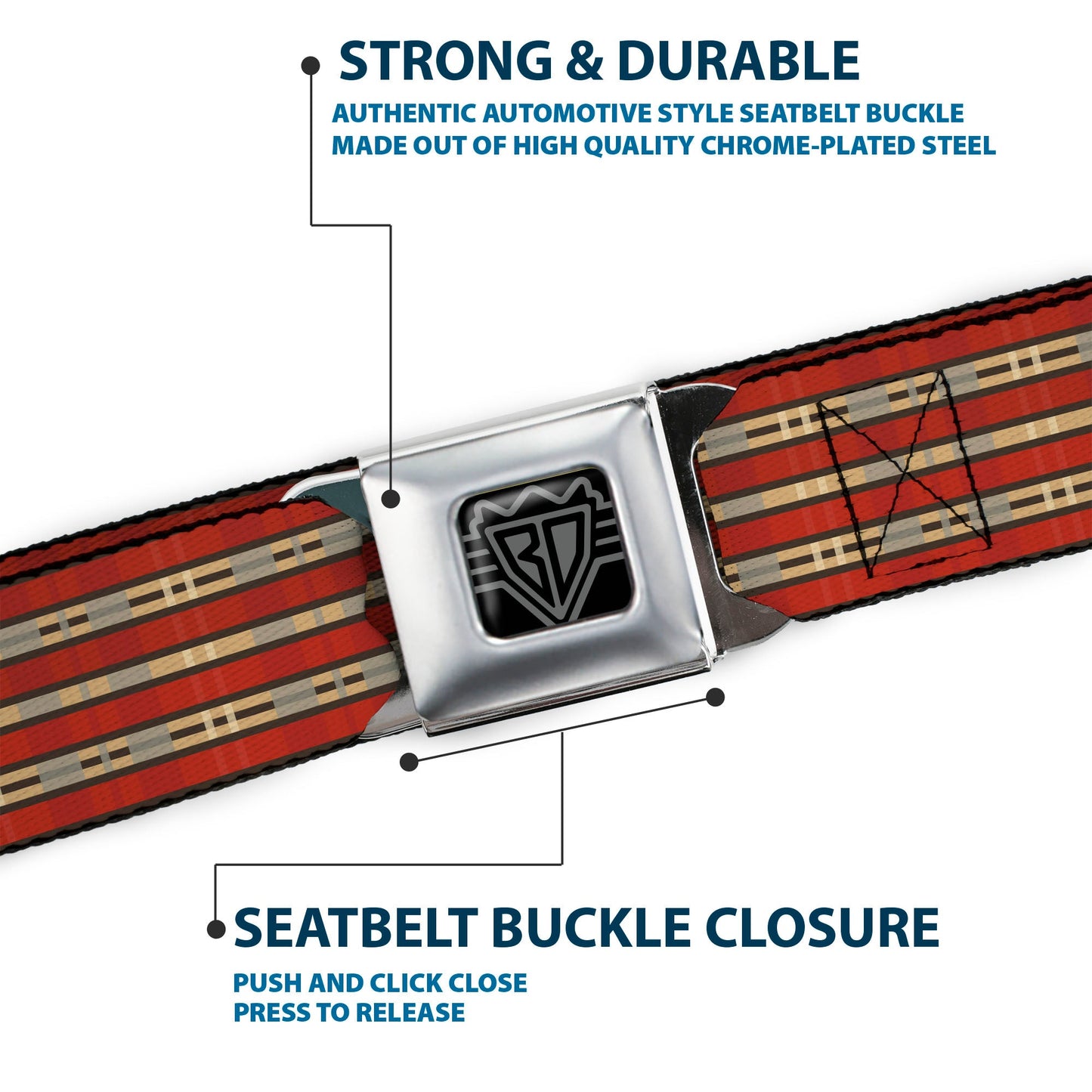 BD Wings Logo CLOSE-UP Full Color Black Silver Seatbelt Belt - Americana Plaid2 Webbing