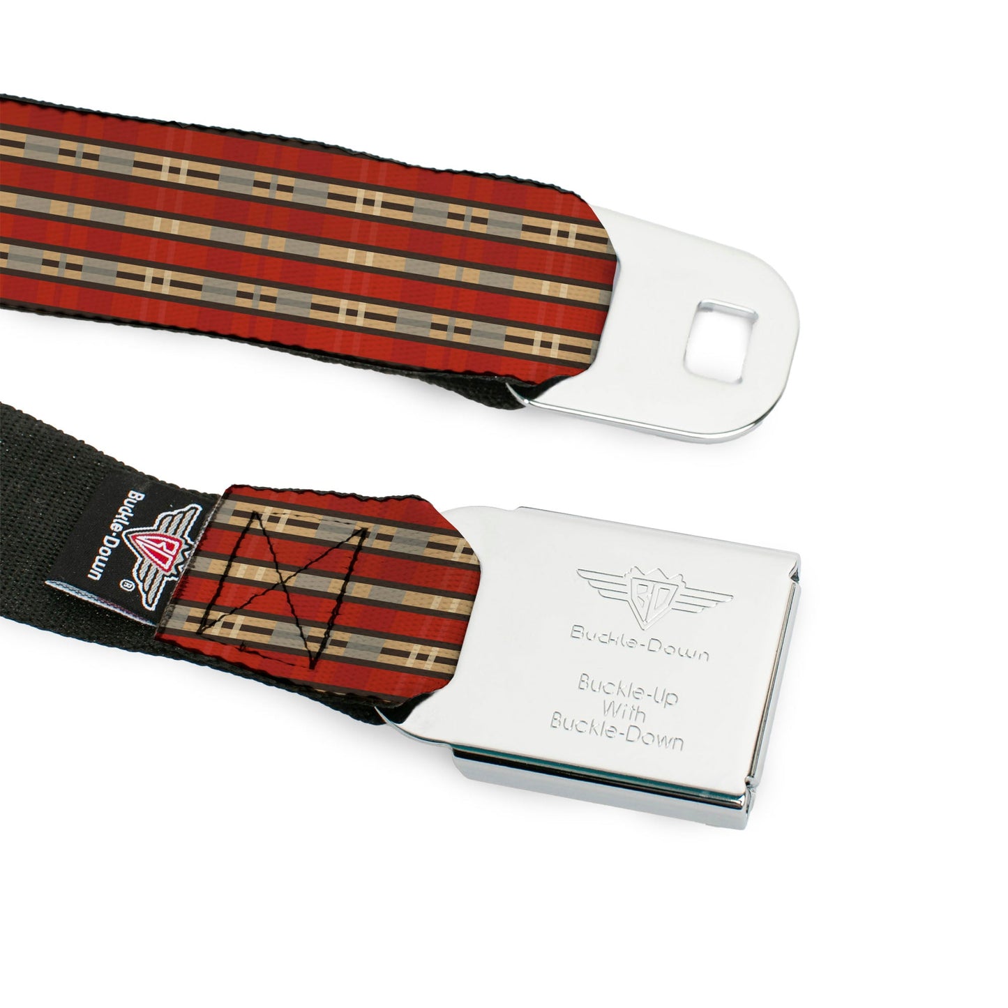 BD Wings Logo CLOSE-UP Full Color Black Silver Seatbelt Belt - Americana Plaid2 Webbing