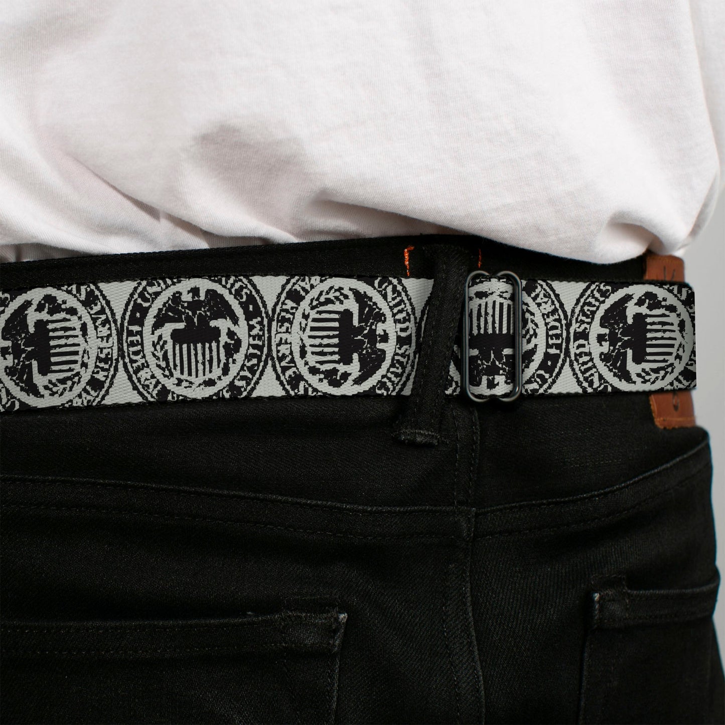 BD Wings Logo CLOSE-UP Full Color Black Silver Seatbelt Belt - Americana Federal Reserve Seal Weathered Gray/Black Webbing