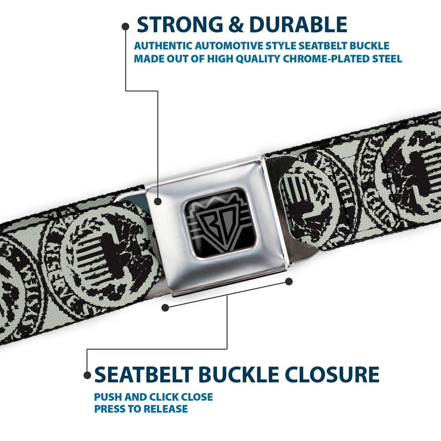 BD Wings Logo CLOSE-UP Full Color Black Silver Seatbelt Belt - Americana Federal Reserve Seal Weathered Gray/Black Webbing
