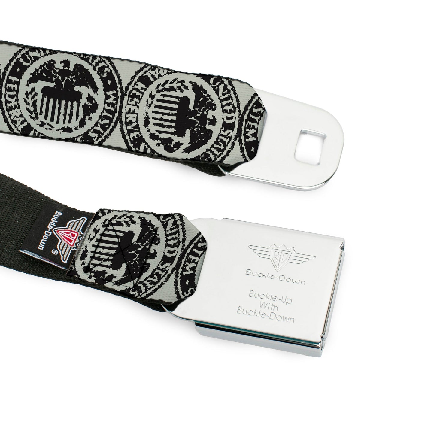 BD Wings Logo CLOSE-UP Full Color Black Silver Seatbelt Belt - Americana Federal Reserve Seal Weathered Gray/Black Webbing