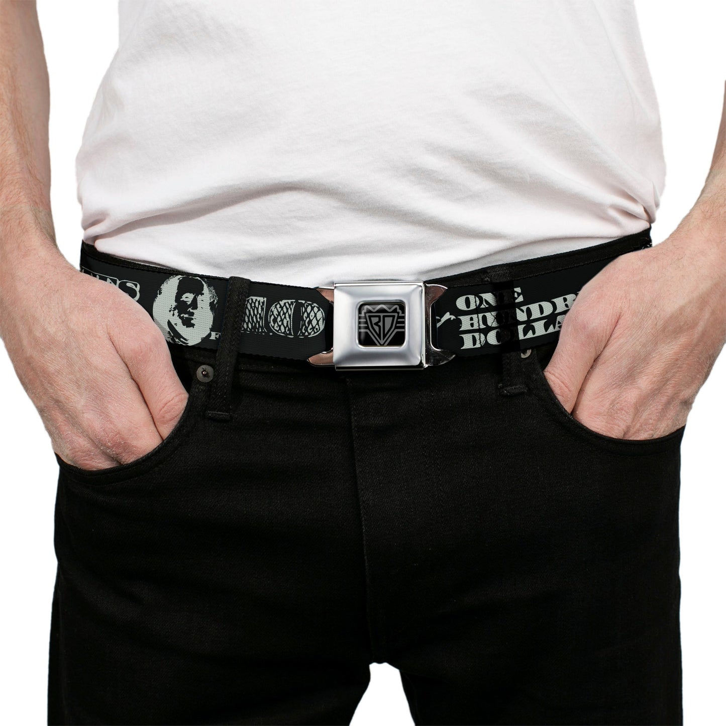 BD Wings Logo CLOSE-UP Full Color Black Silver Seatbelt Belt - Americana One Hundred Dollar Bill Elements Black/Gray Webbing