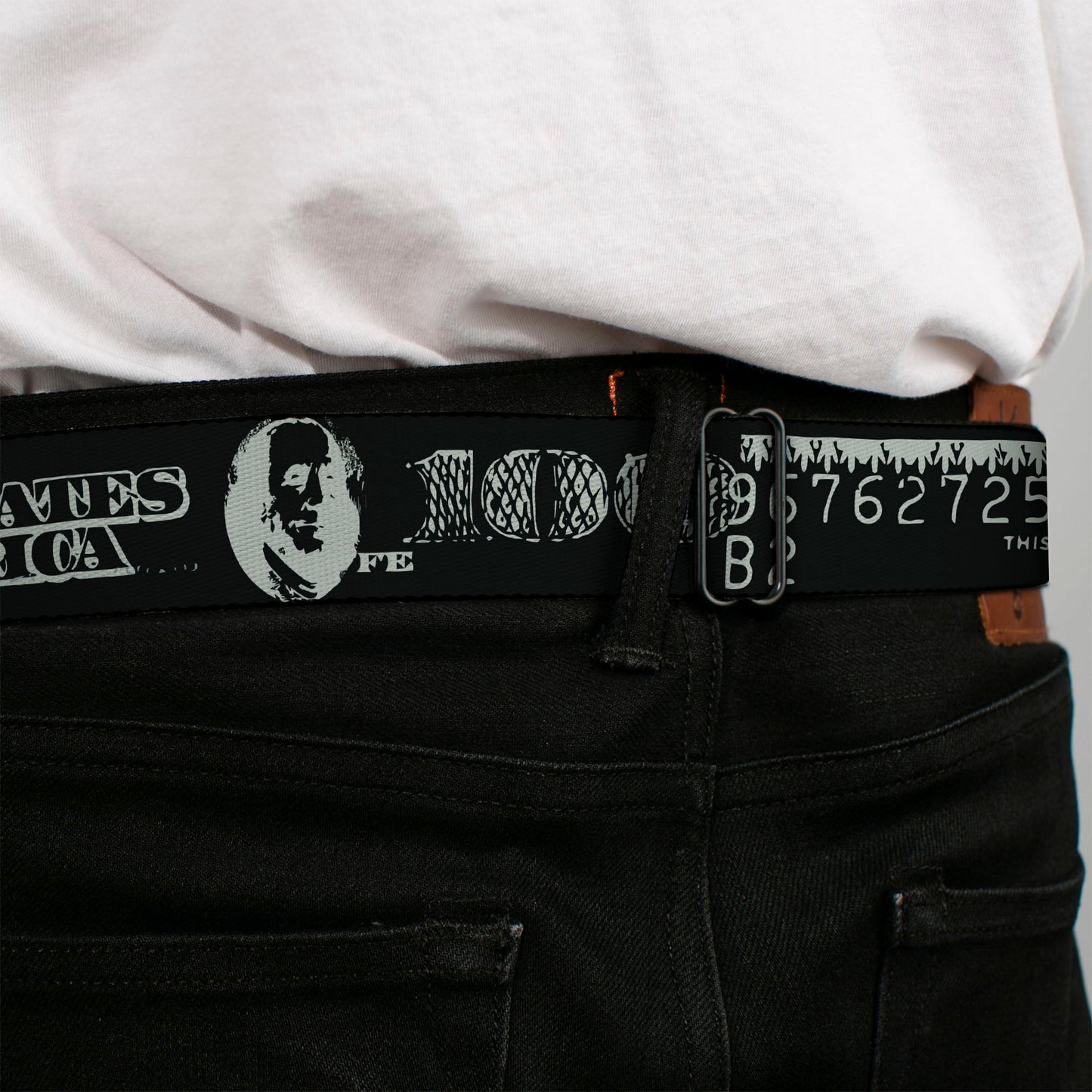 BD Wings Logo CLOSE-UP Full Color Black Silver Seatbelt Belt - Americana One Hundred Dollar Bill Elements Black/Gray Webbing