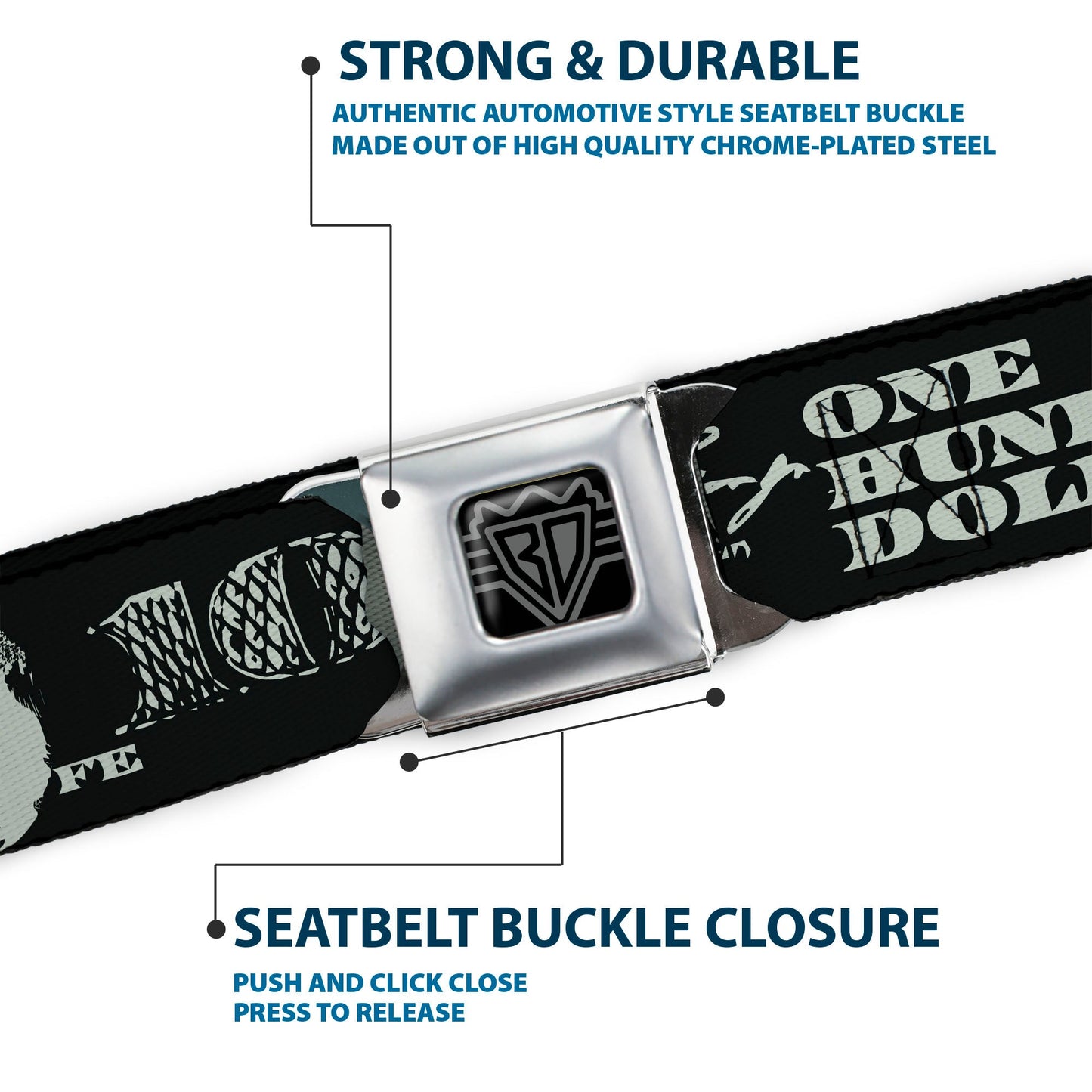 BD Wings Logo CLOSE-UP Full Color Black Silver Seatbelt Belt - Americana One Hundred Dollar Bill Elements Black/Gray Webbing