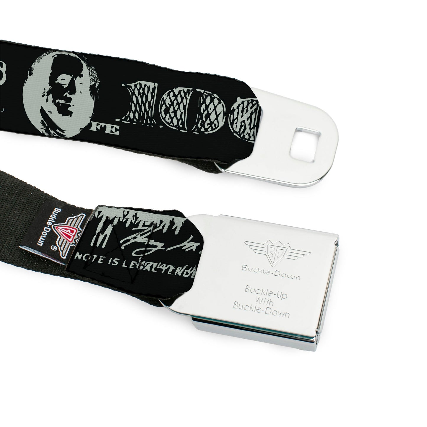 BD Wings Logo CLOSE-UP Full Color Black Silver Seatbelt Belt - Americana One Hundred Dollar Bill Elements Black/Gray Webbing