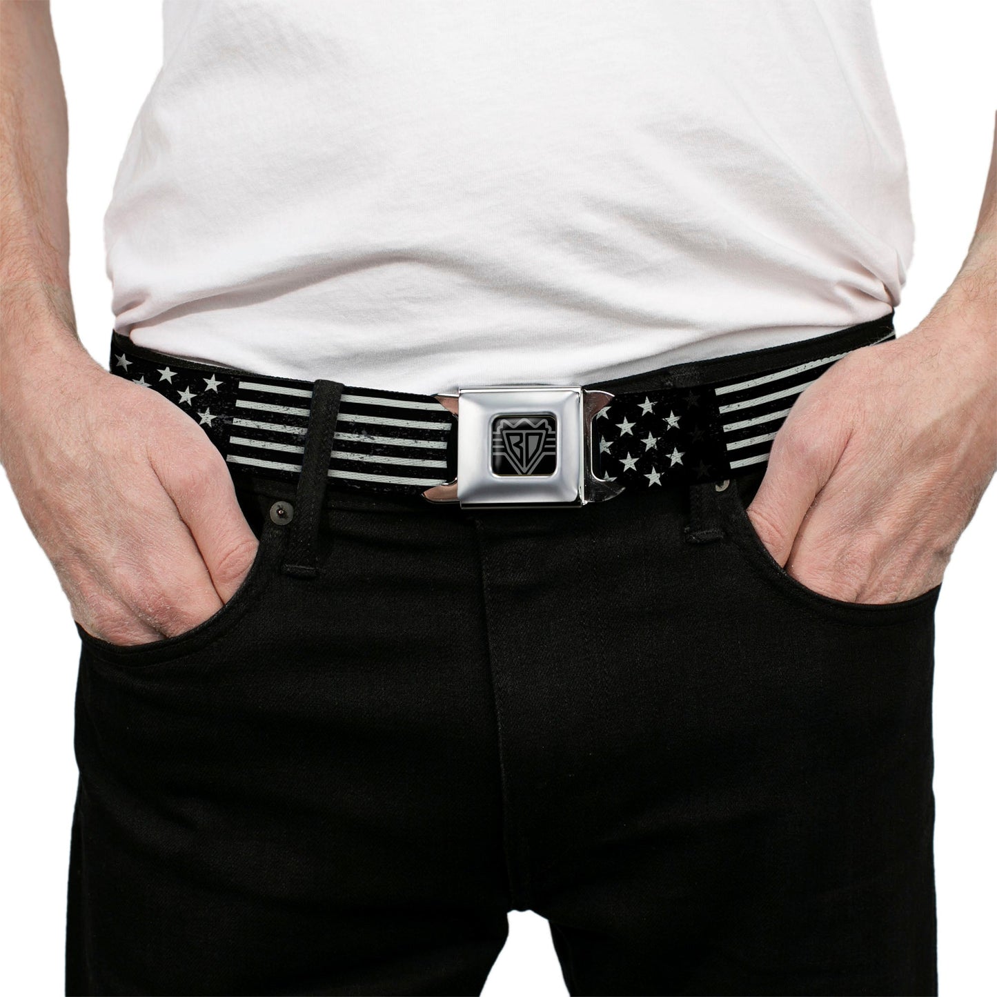 BD Wings Logo CLOSE-UP Full Color Black Silver Seatbelt Belt - Americana Stars & Stripes2 Weathered Black/Gray Webbing