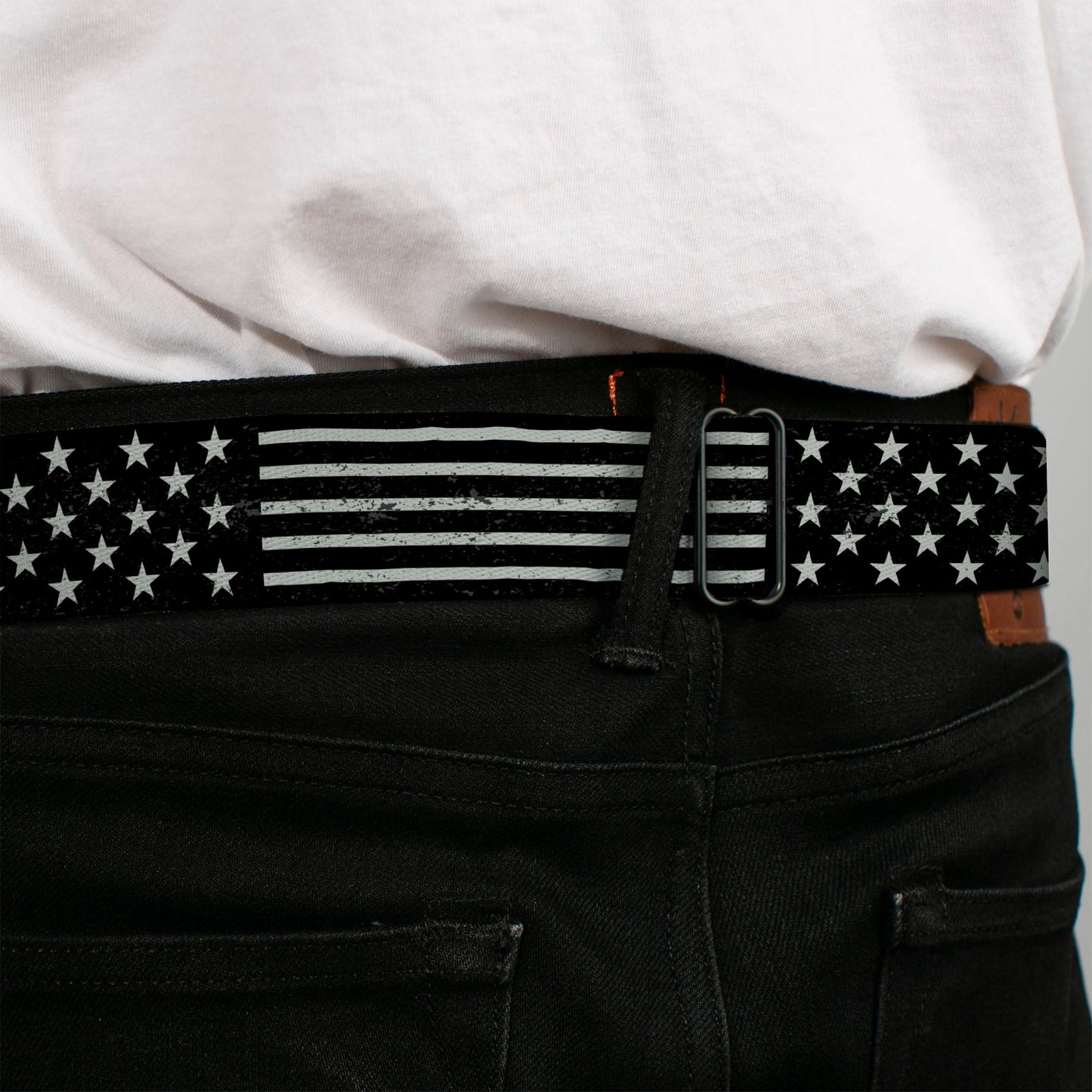 BD Wings Logo CLOSE-UP Full Color Black Silver Seatbelt Belt - Americana Stars & Stripes2 Weathered Black/Gray Webbing
