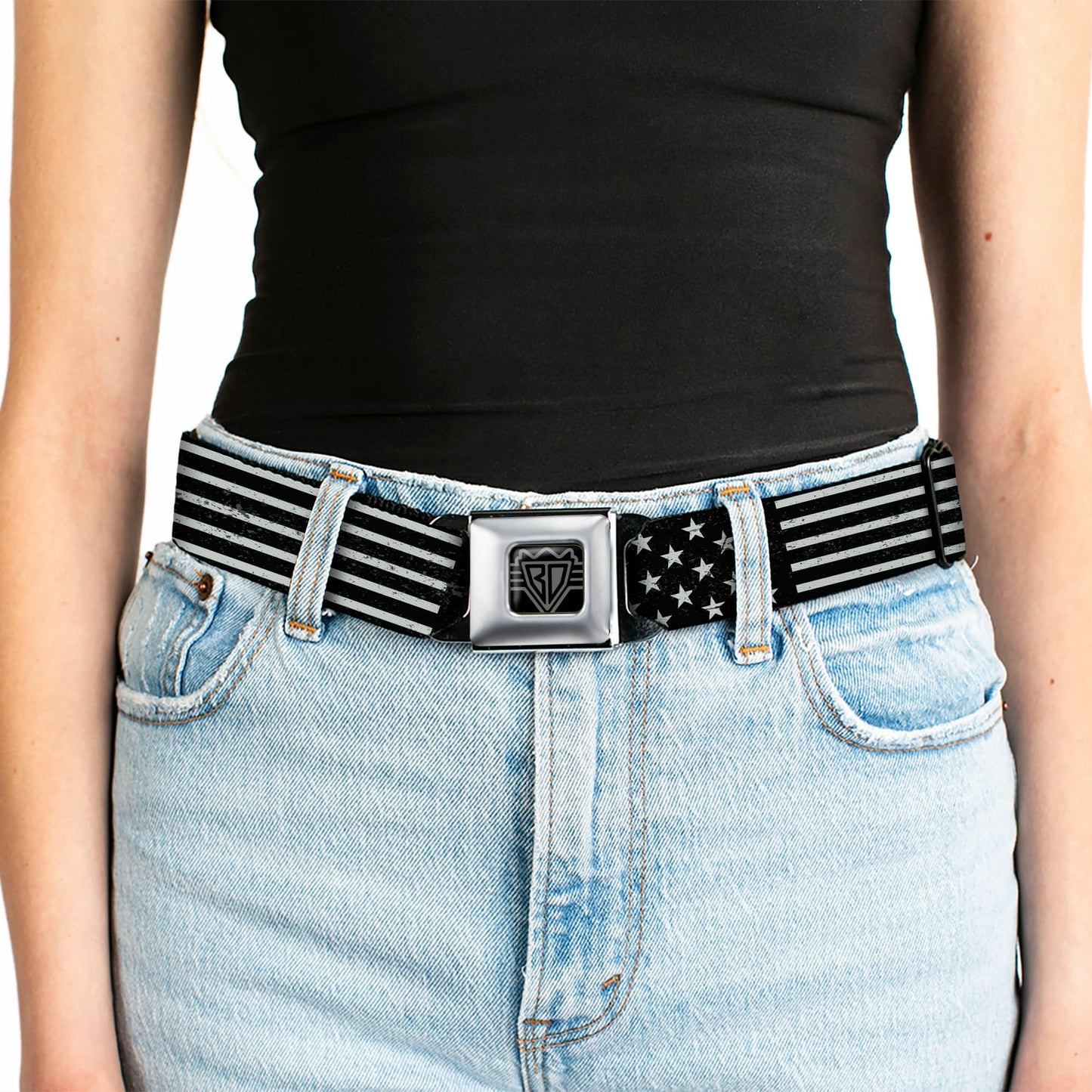 BD Wings Logo CLOSE-UP Full Color Black Silver Seatbelt Belt - Americana Stars & Stripes2 Weathered Black/Gray Webbing