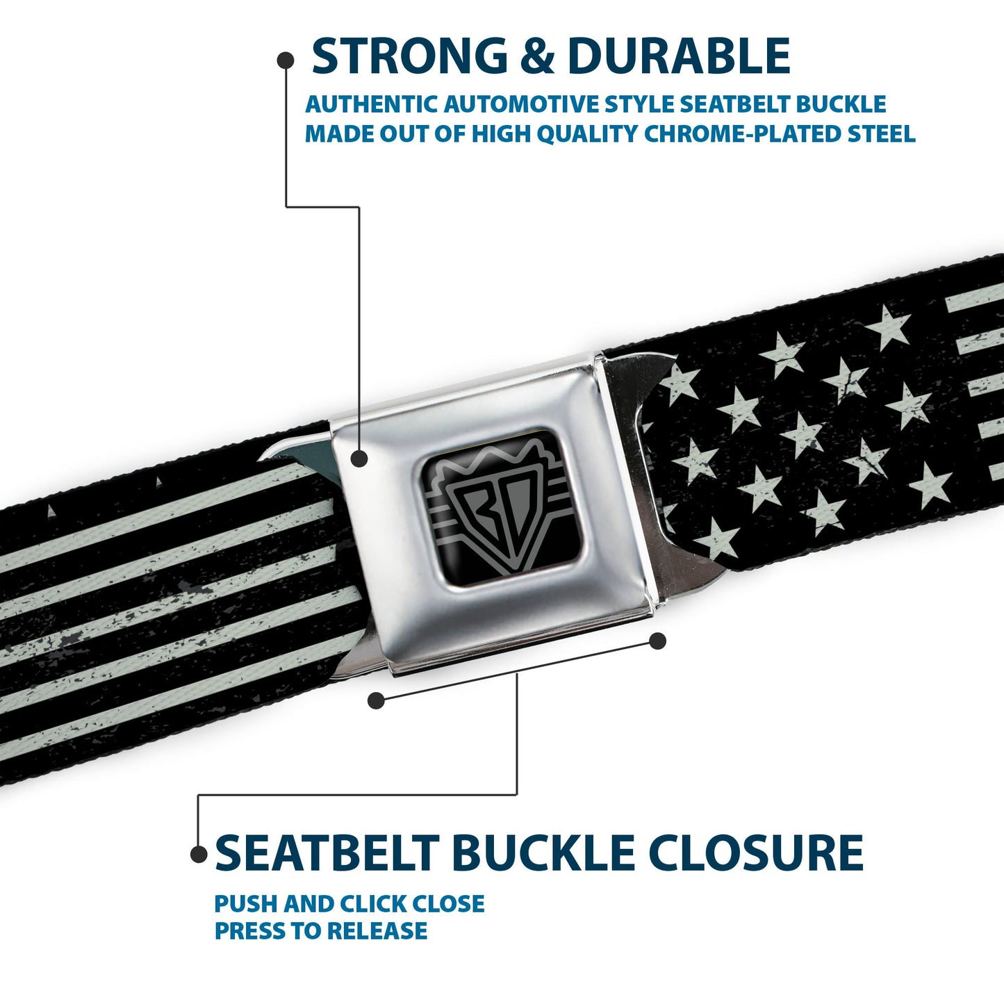 BD Wings Logo CLOSE-UP Full Color Black Silver Seatbelt Belt - Americana Stars & Stripes2 Weathered Black/Gray Webbing