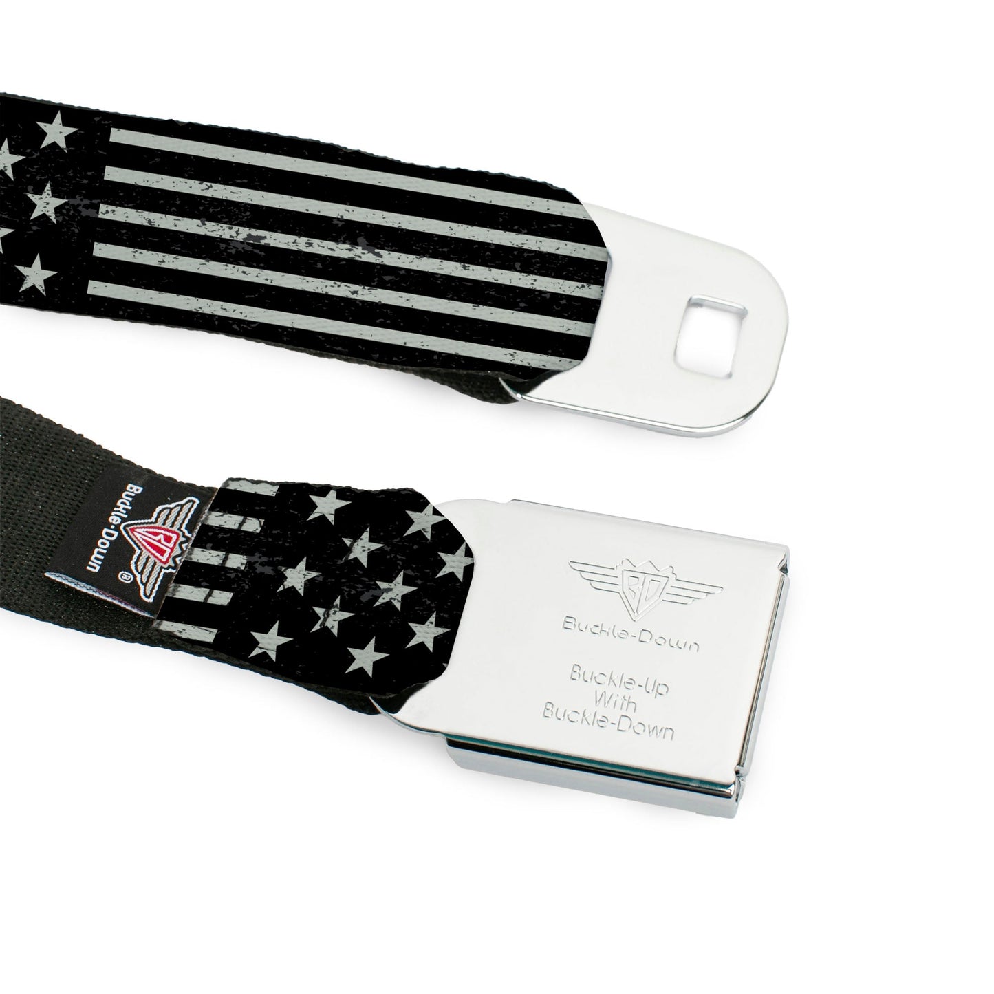 BD Wings Logo CLOSE-UP Full Color Black Silver Seatbelt Belt - Americana Stars & Stripes2 Weathered Black/Gray Webbing