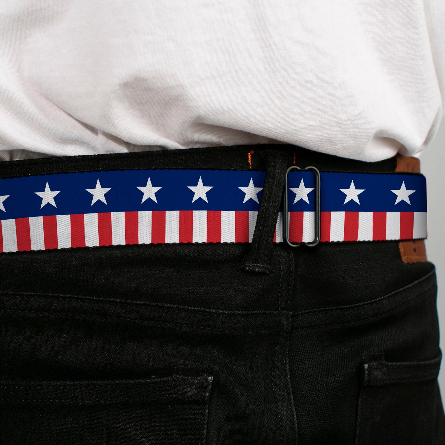 BD Wings Logo CLOSE-UP Full Color Black Silver Seatbelt Belt - Americana Stars & Stripes2 Blue/White/Red/White Webbing