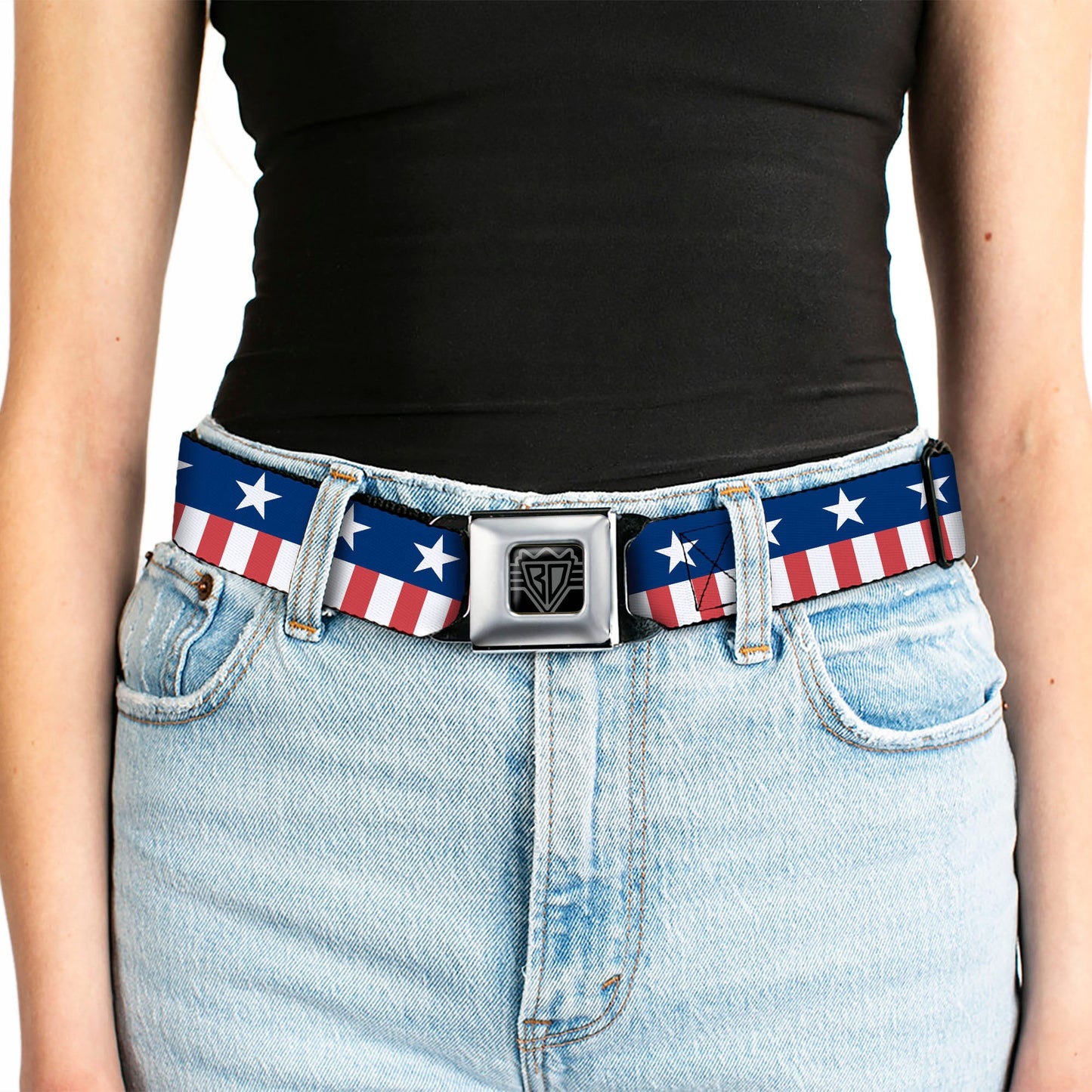 BD Wings Logo CLOSE-UP Full Color Black Silver Seatbelt Belt - Americana Stars & Stripes2 Blue/White/Red/White Webbing
