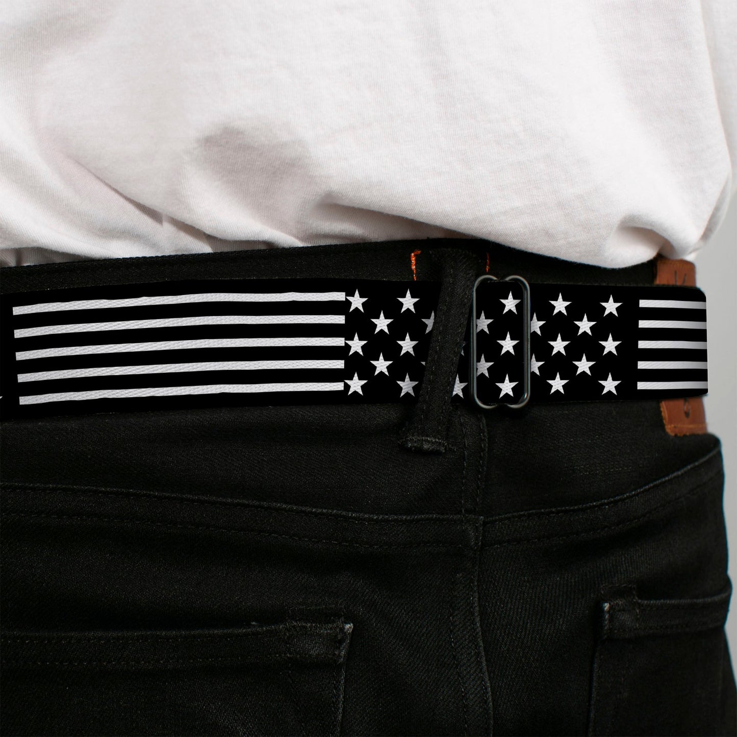 BD Wings Logo CLOSE-UP Full Color Black Silver Seatbelt Belt - Americana Stars & Stripes2 Black/White Webbing