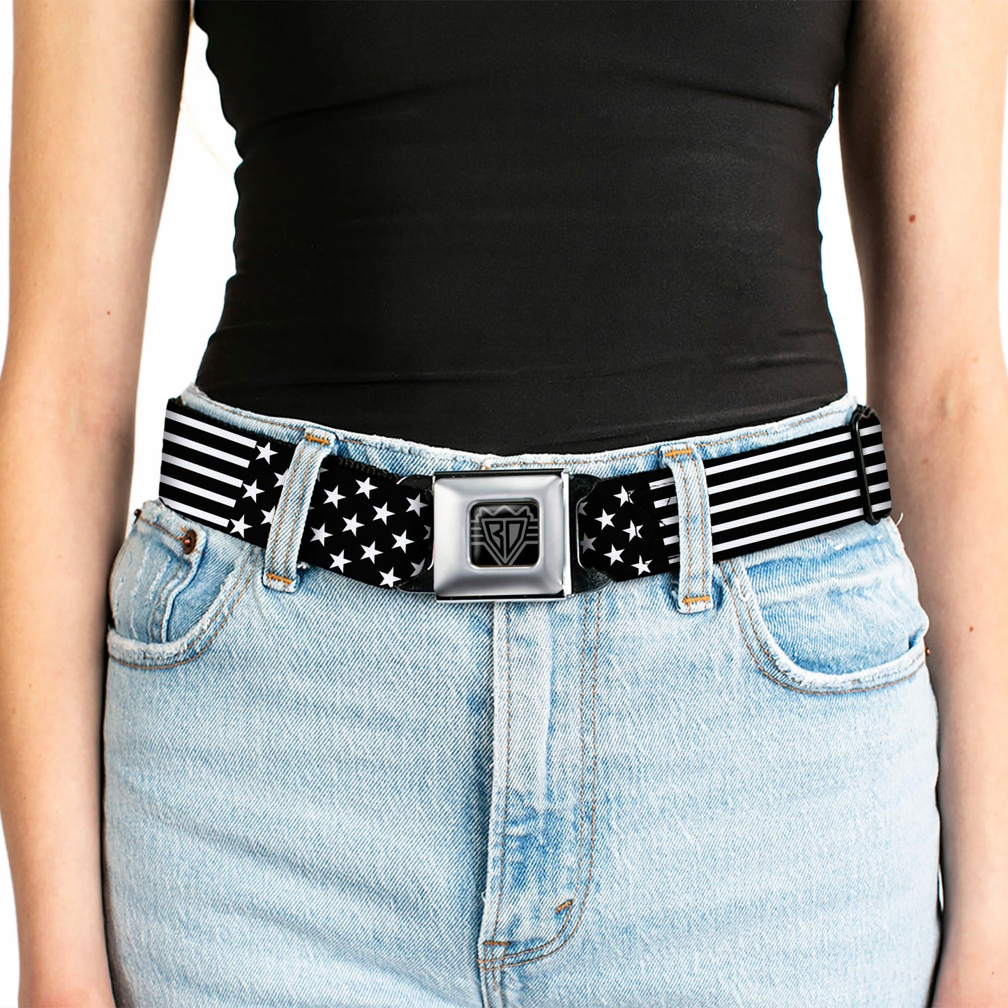 BD Wings Logo CLOSE-UP Full Color Black Silver Seatbelt Belt - Americana Stars & Stripes2 Black/White Webbing