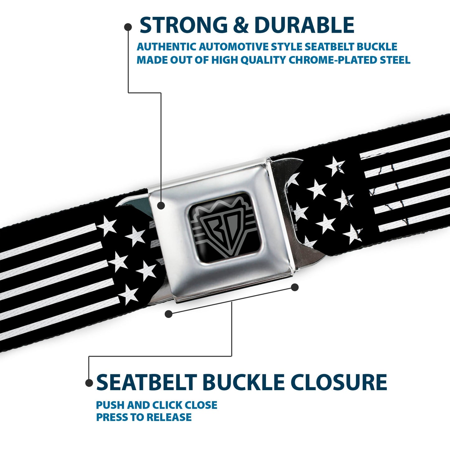 BD Wings Logo CLOSE-UP Full Color Black Silver Seatbelt Belt - Americana Stars & Stripes2 Black/White Webbing