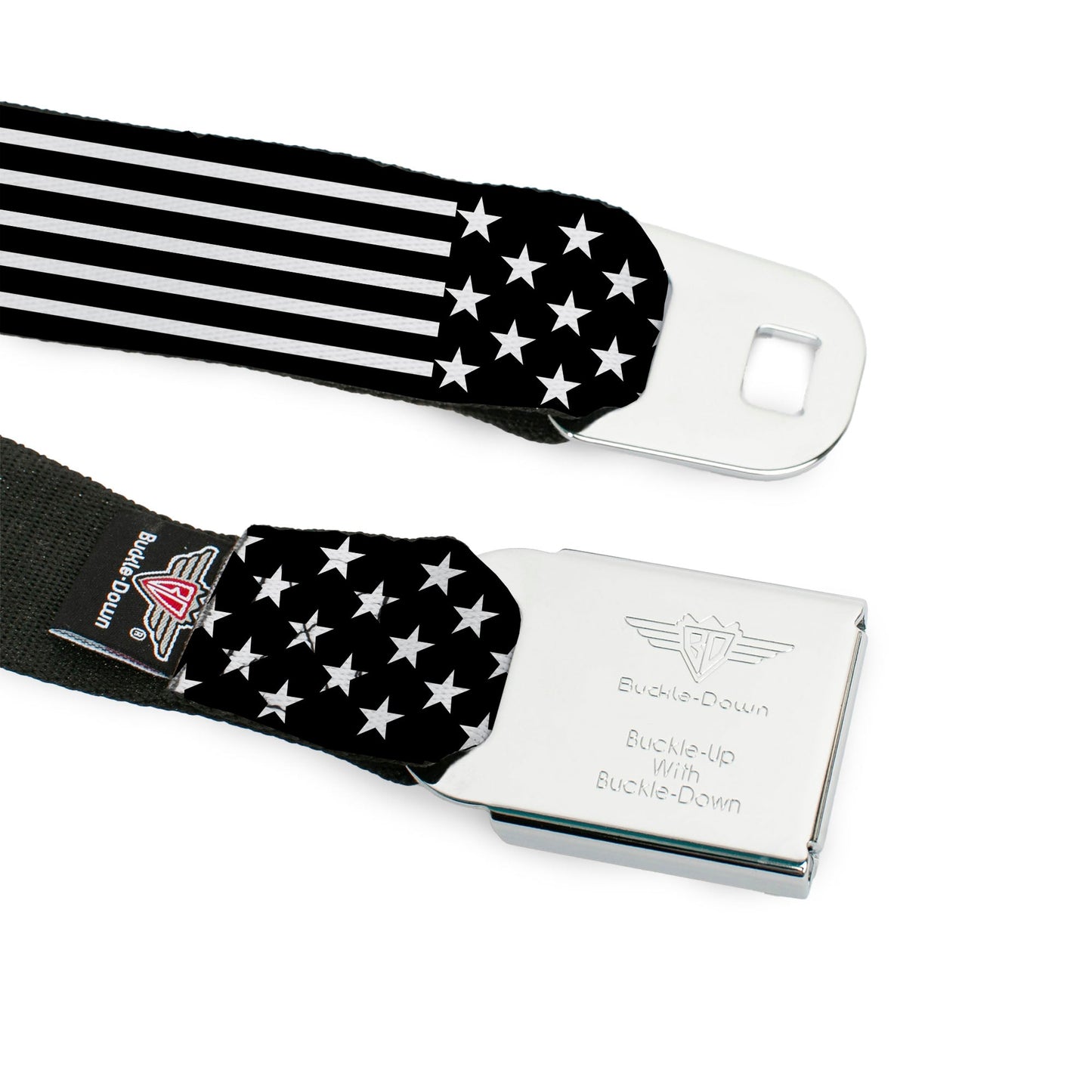 BD Wings Logo CLOSE-UP Full Color Black Silver Seatbelt Belt - Americana Stars & Stripes2 Black/White Webbing