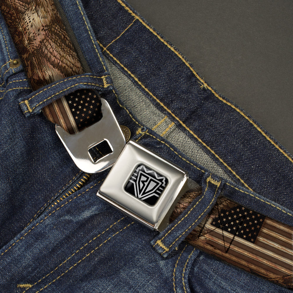 BD Wings Logo CLOSE-UP Full Color Black Silver Seatbelt Belt - Americana Eagle & Flag Rustic Wood Grain Webbing