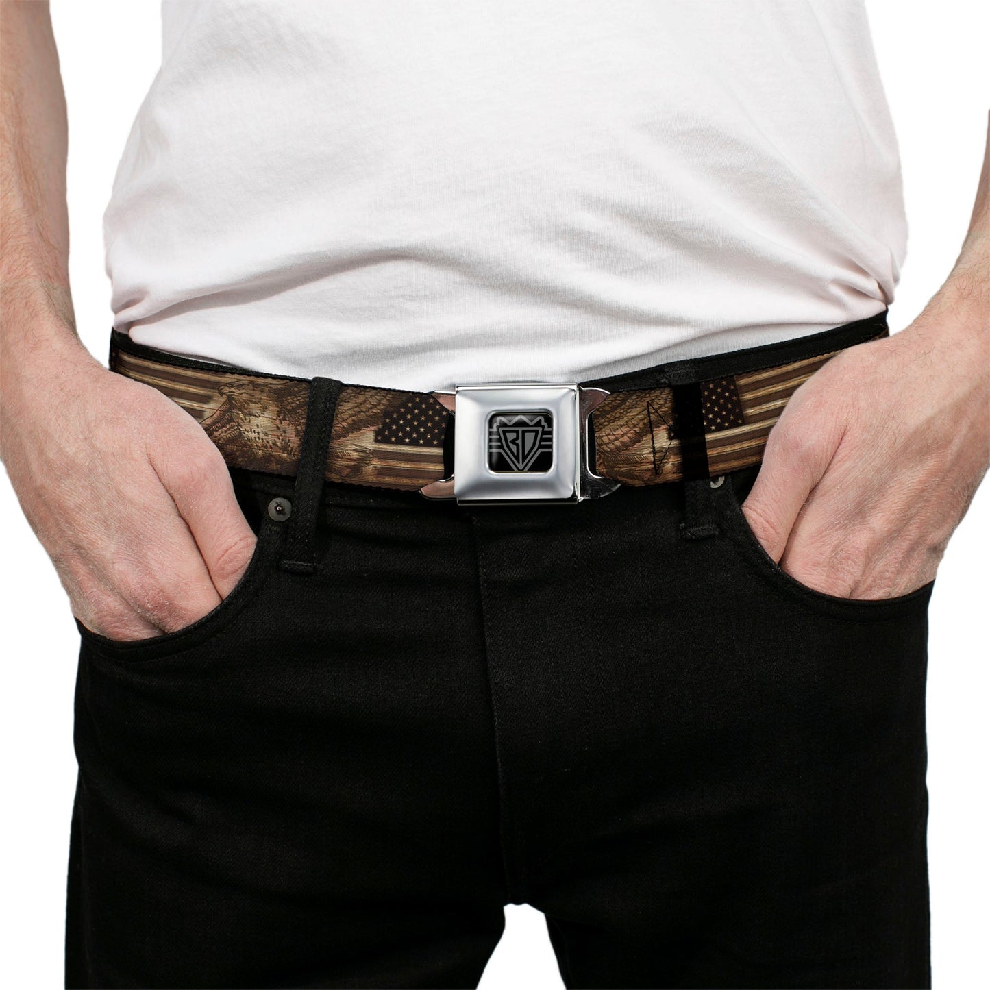 BD Wings Logo CLOSE-UP Full Color Black Silver Seatbelt Belt - Americana Eagle & Flag Rustic Wood Grain Webbing