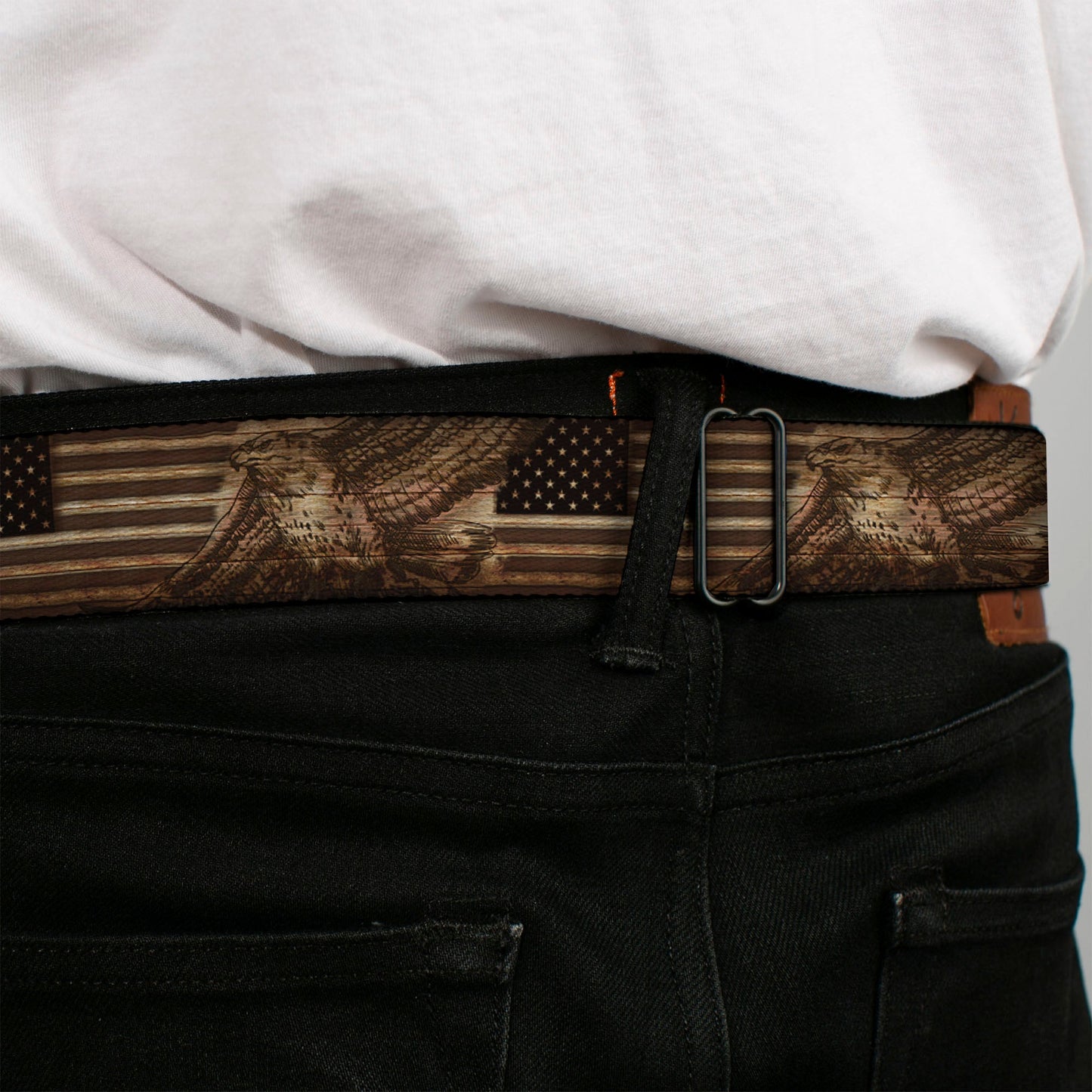 BD Wings Logo CLOSE-UP Full Color Black Silver Seatbelt Belt - Americana Eagle & Flag Rustic Wood Grain Webbing