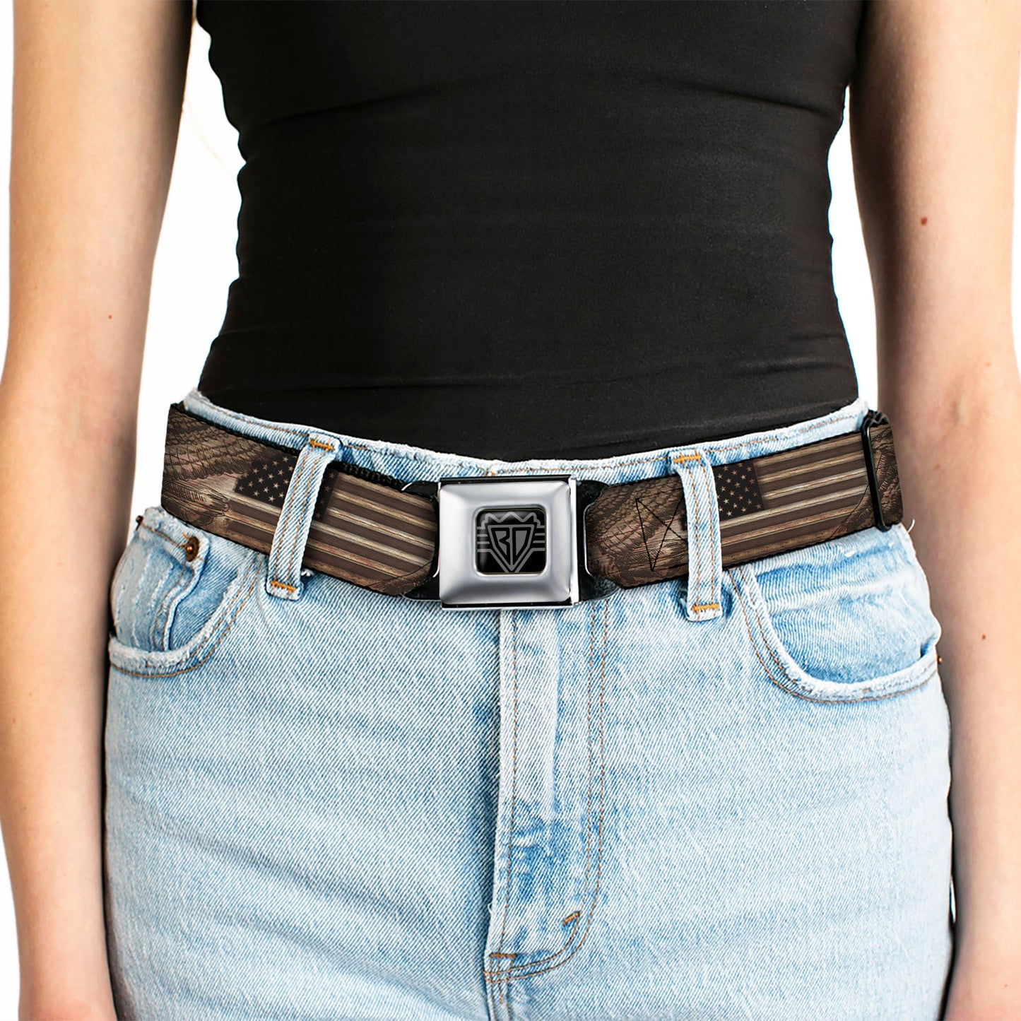 BD Wings Logo CLOSE-UP Full Color Black Silver Seatbelt Belt - Americana Eagle & Flag Rustic Wood Grain Webbing