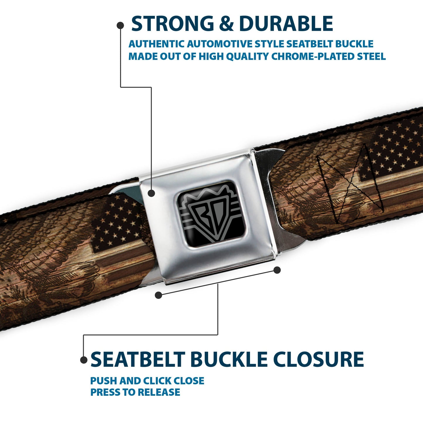 BD Wings Logo CLOSE-UP Full Color Black Silver Seatbelt Belt - Americana Eagle & Flag Rustic Wood Grain Webbing