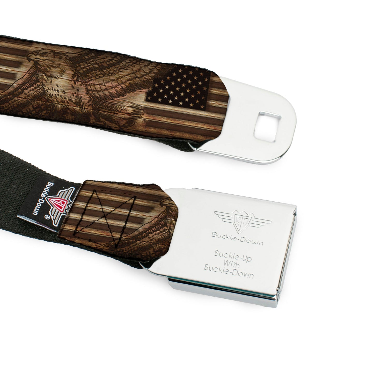 BD Wings Logo CLOSE-UP Full Color Black Silver Seatbelt Belt - Americana Eagle & Flag Rustic Wood Grain Webbing