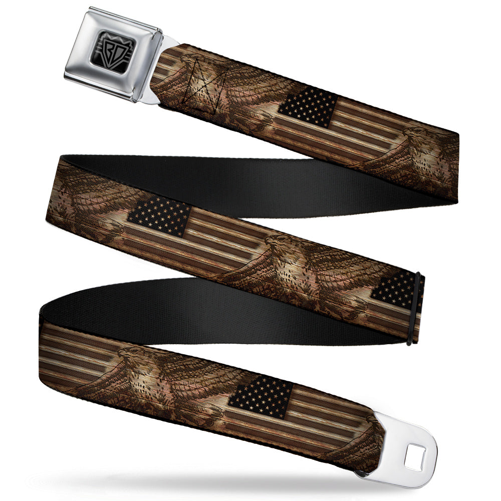 BD Wings Logo CLOSE-UP Full Color Black Silver Seatbelt Belt - Americana Eagle & Flag Rustic Wood Grain Webbing