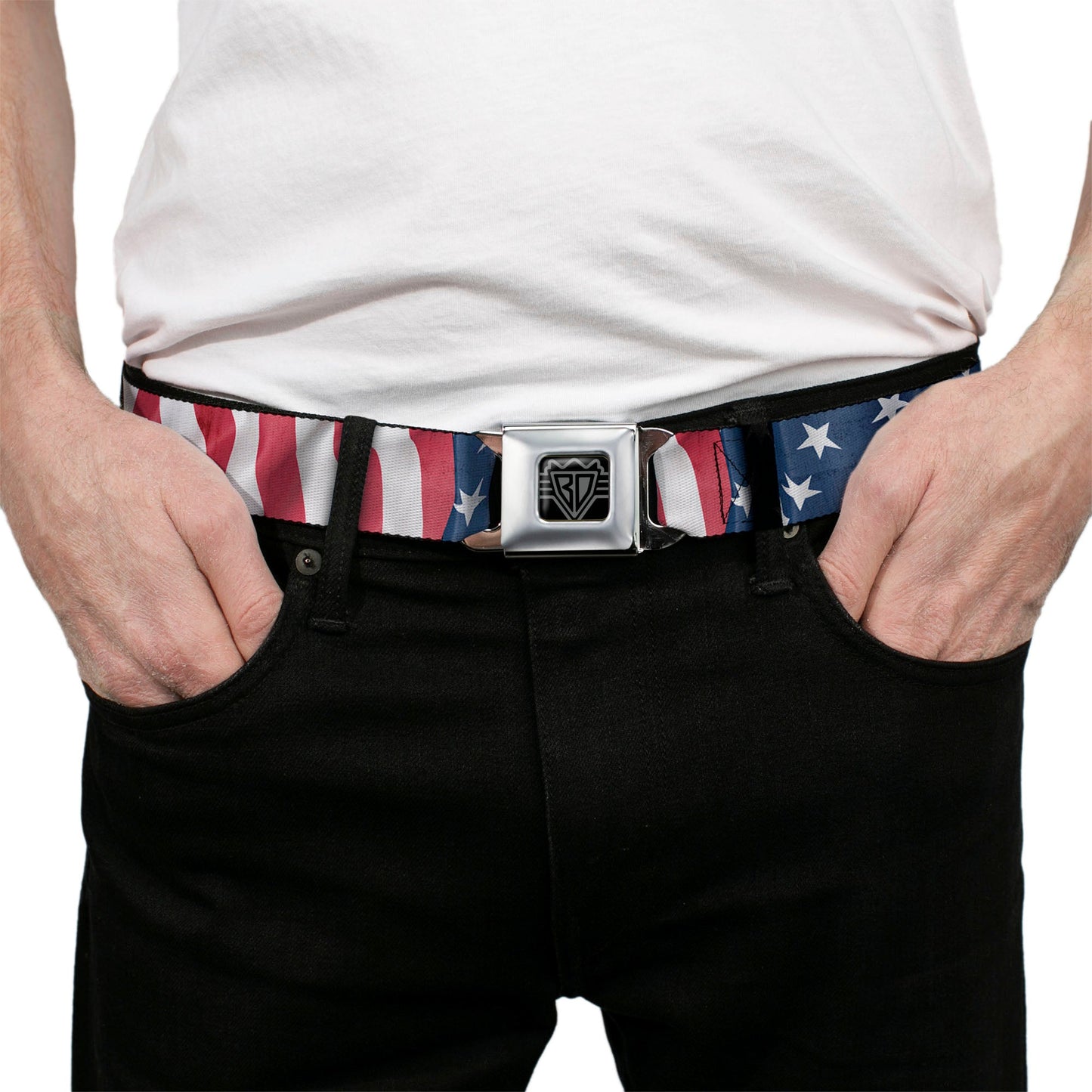 BD Wings Logo CLOSE-UP Full Color Black Silver Seatbelt Belt - American Flag Vertical CLOSE-UP Webbing