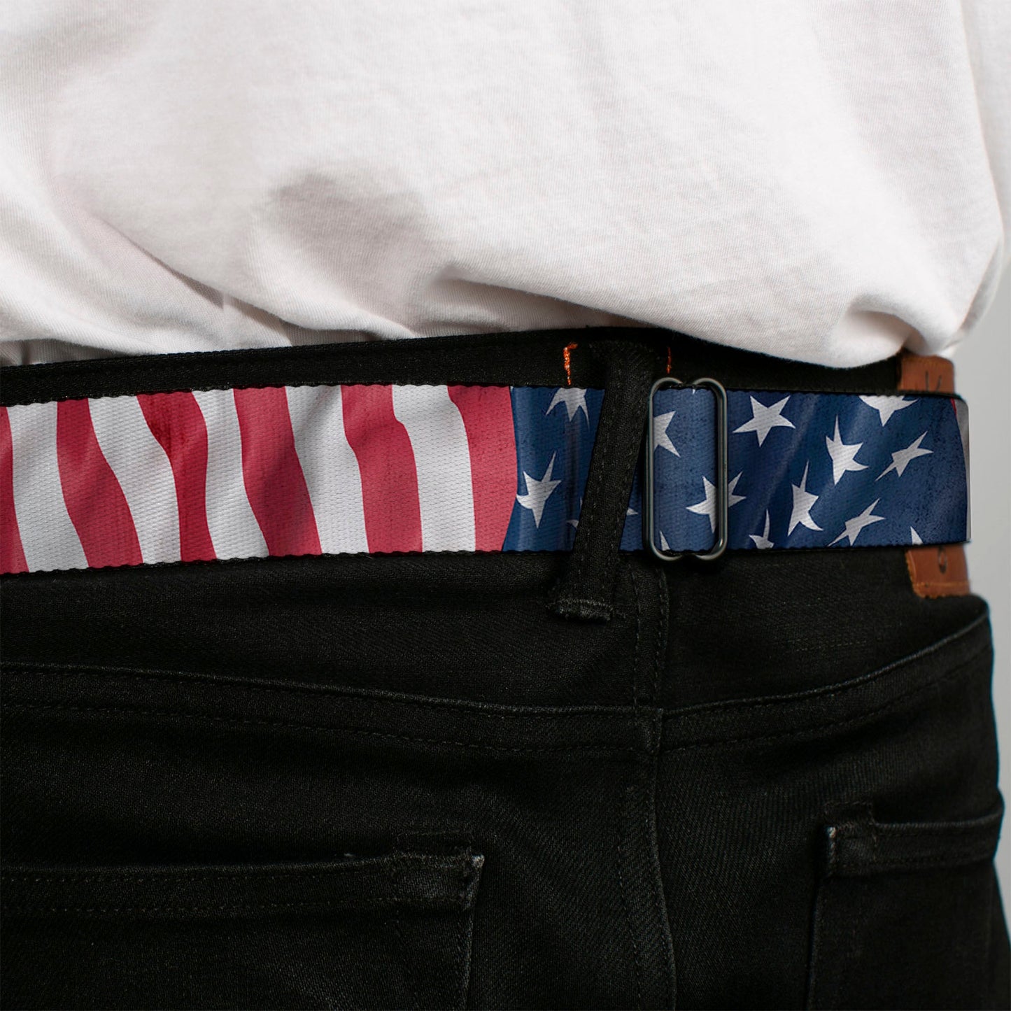 BD Wings Logo CLOSE-UP Full Color Black Silver Seatbelt Belt - American Flag Vertical CLOSE-UP Webbing
