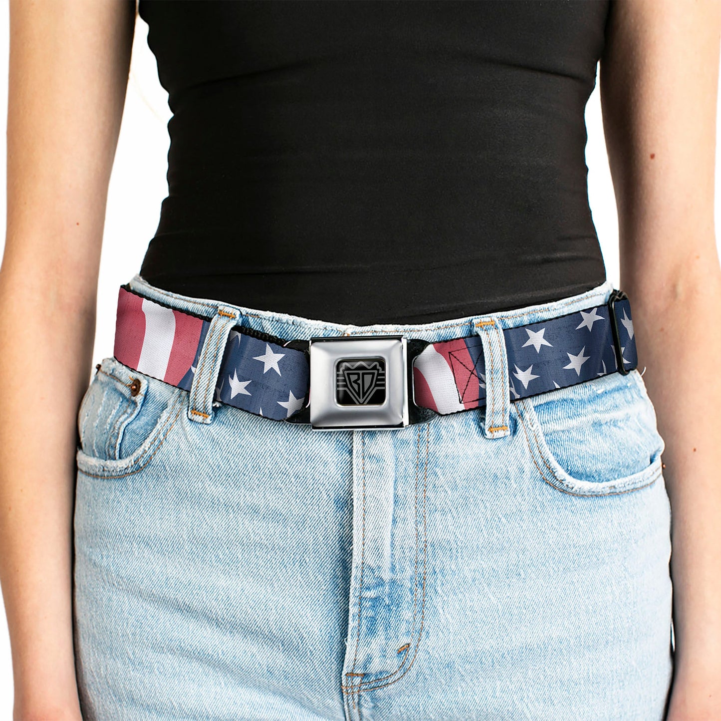 BD Wings Logo CLOSE-UP Full Color Black Silver Seatbelt Belt - American Flag Vertical CLOSE-UP Webbing
