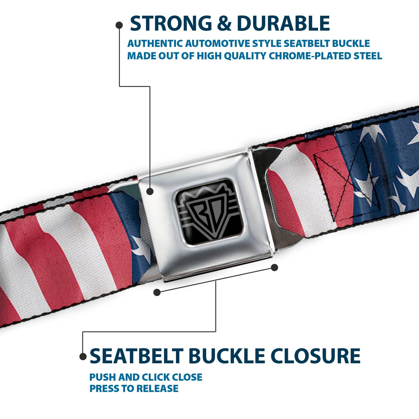 BD Wings Logo CLOSE-UP Full Color Black Silver Seatbelt Belt - American Flag Vertical CLOSE-UP Webbing
