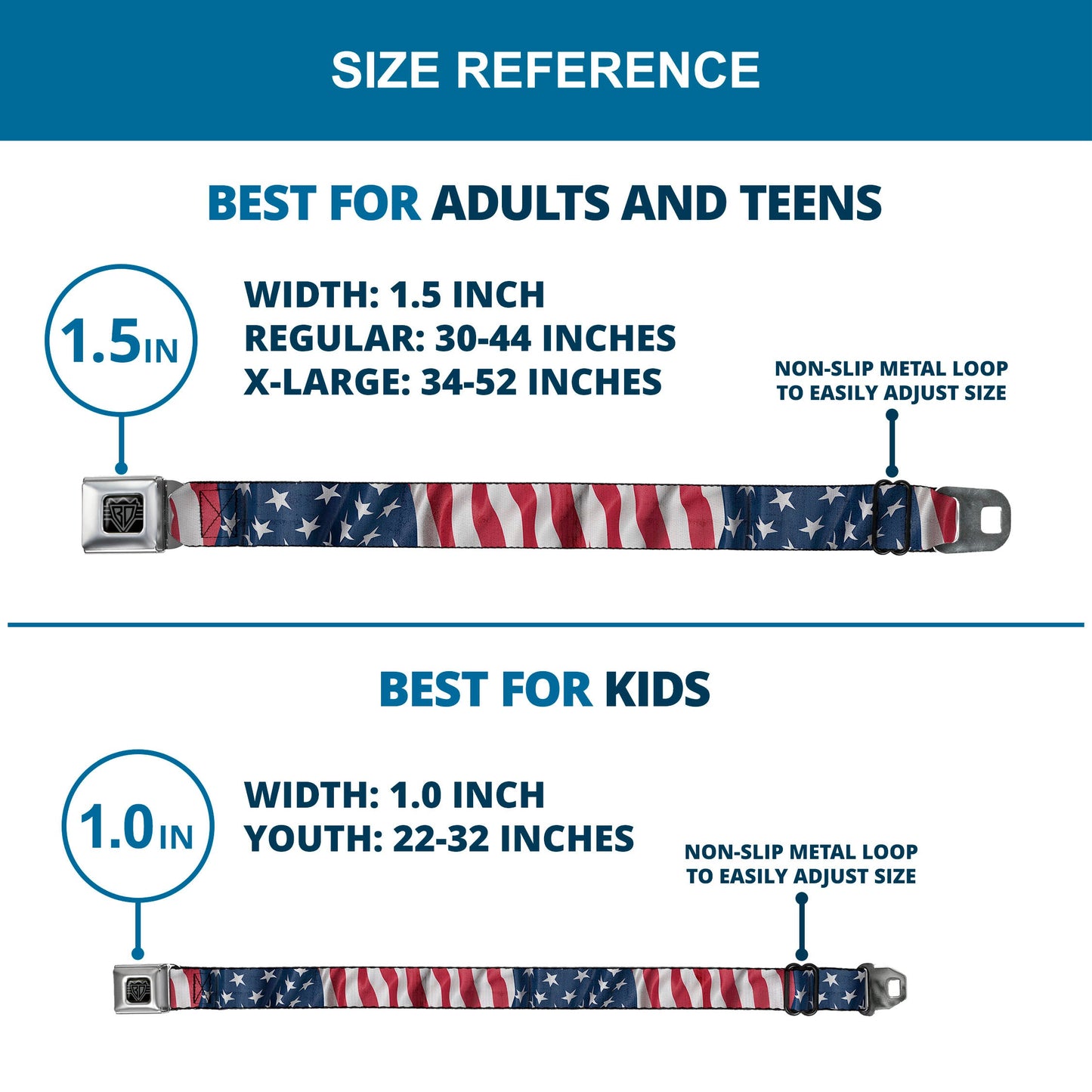 BD Wings Logo CLOSE-UP Full Color Black Silver Seatbelt Belt - American Flag Vertical CLOSE-UP Webbing