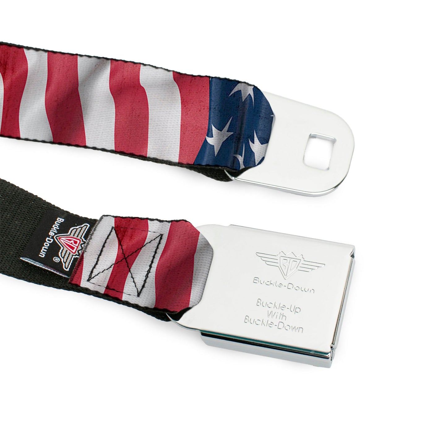 BD Wings Logo CLOSE-UP Full Color Black Silver Seatbelt Belt - American Flag Vertical CLOSE-UP Webbing