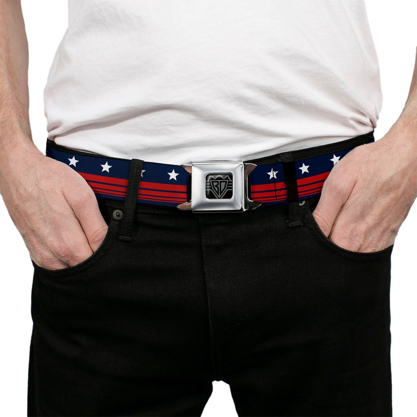 BD Wings Logo CLOSE-UP Full Color Black Silver Seatbelt Belt - Americana Stars & Stripes4 Blue/White/Red Webbing