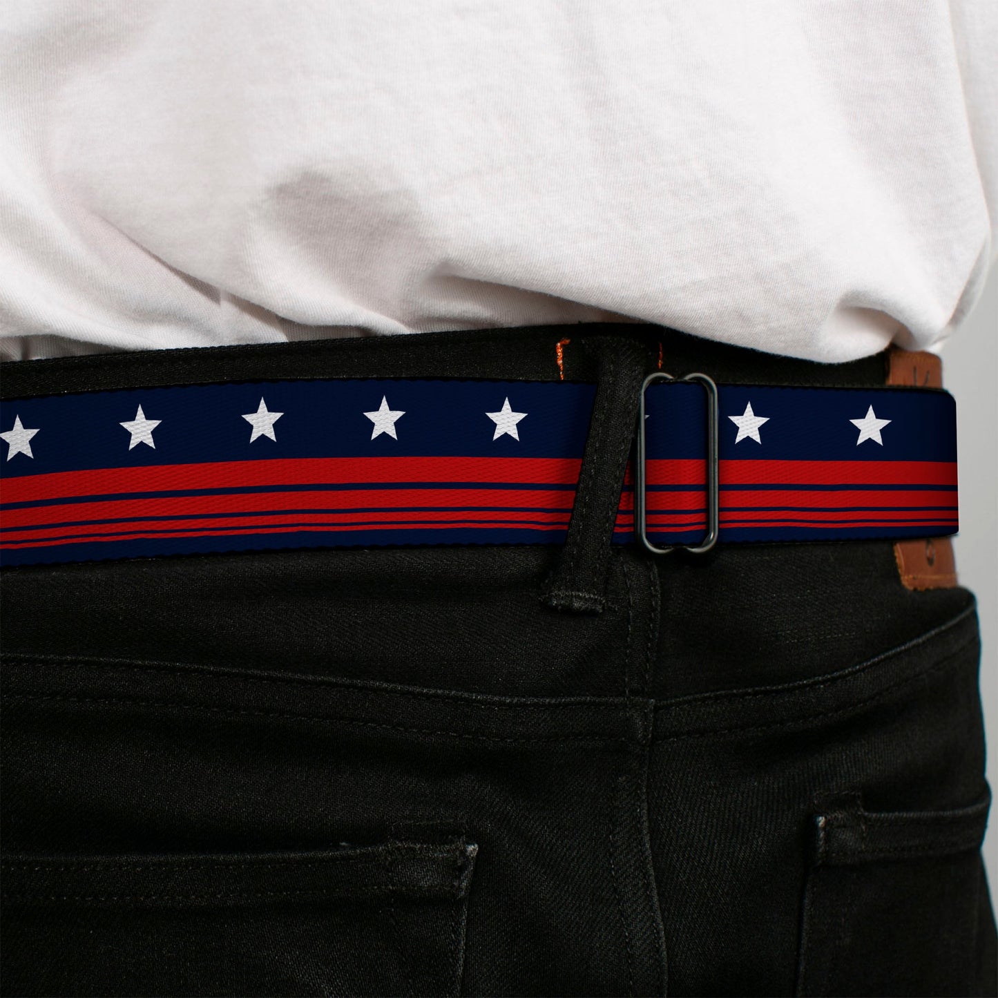 BD Wings Logo CLOSE-UP Full Color Black Silver Seatbelt Belt - Americana Stars & Stripes4 Blue/White/Red Webbing