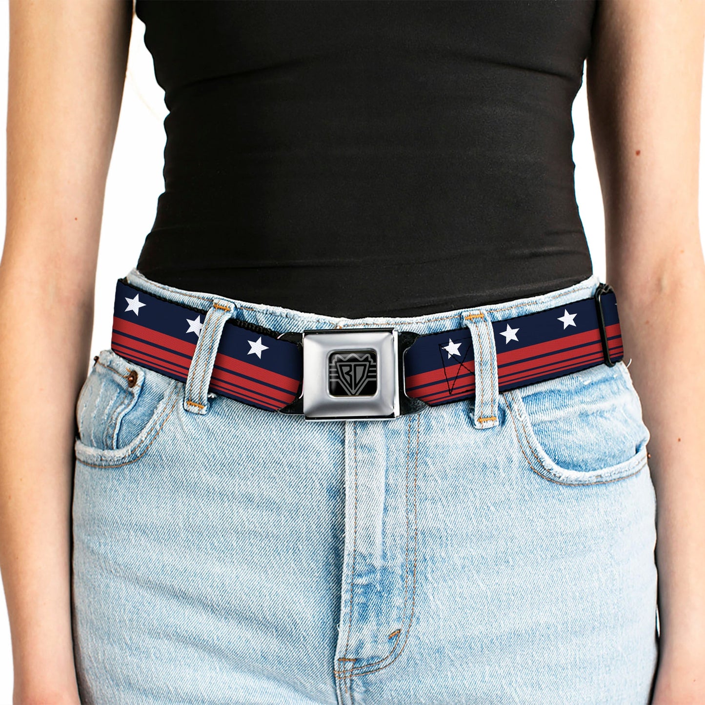 BD Wings Logo CLOSE-UP Full Color Black Silver Seatbelt Belt - Americana Stars & Stripes4 Blue/White/Red Webbing